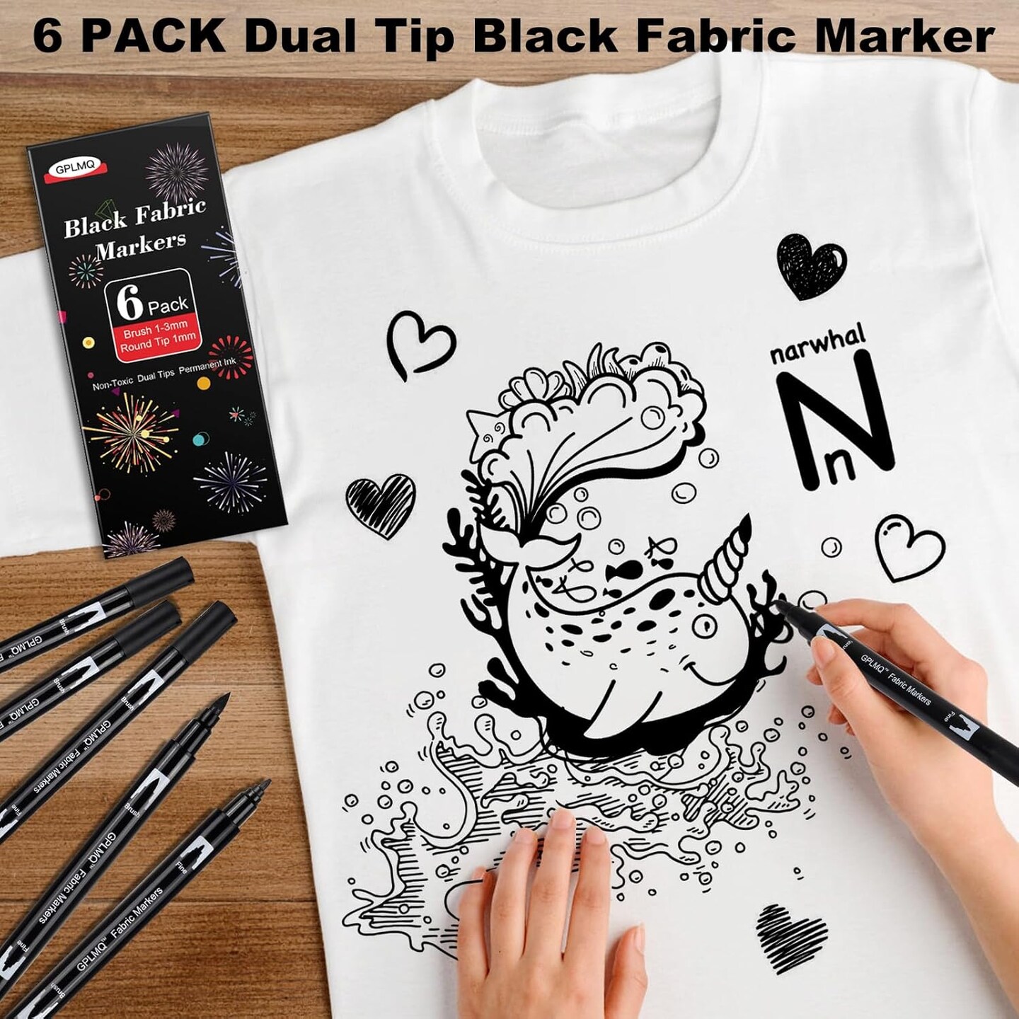 Black Fabric Markers Pens - Dual Tips Fabric Marker Permanent for Clothes, Non-Toxic, No Fade, No Bleed, Ideal for DIY Projects on Shirts, Hats, Canvas, and Textiles