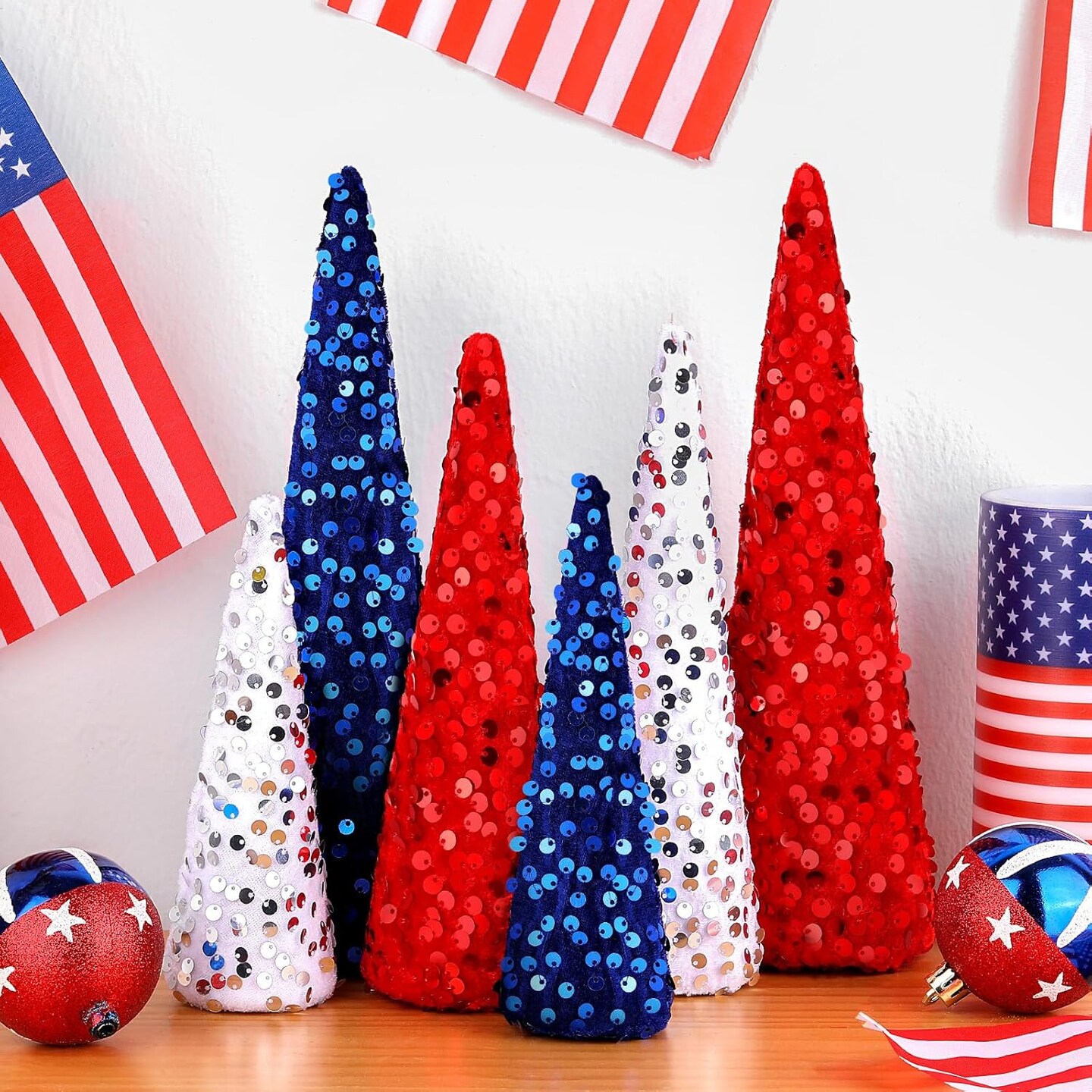 6 Pcs Cone Trees Red White Blue for 4th of July Decorations Tabletop Decorations