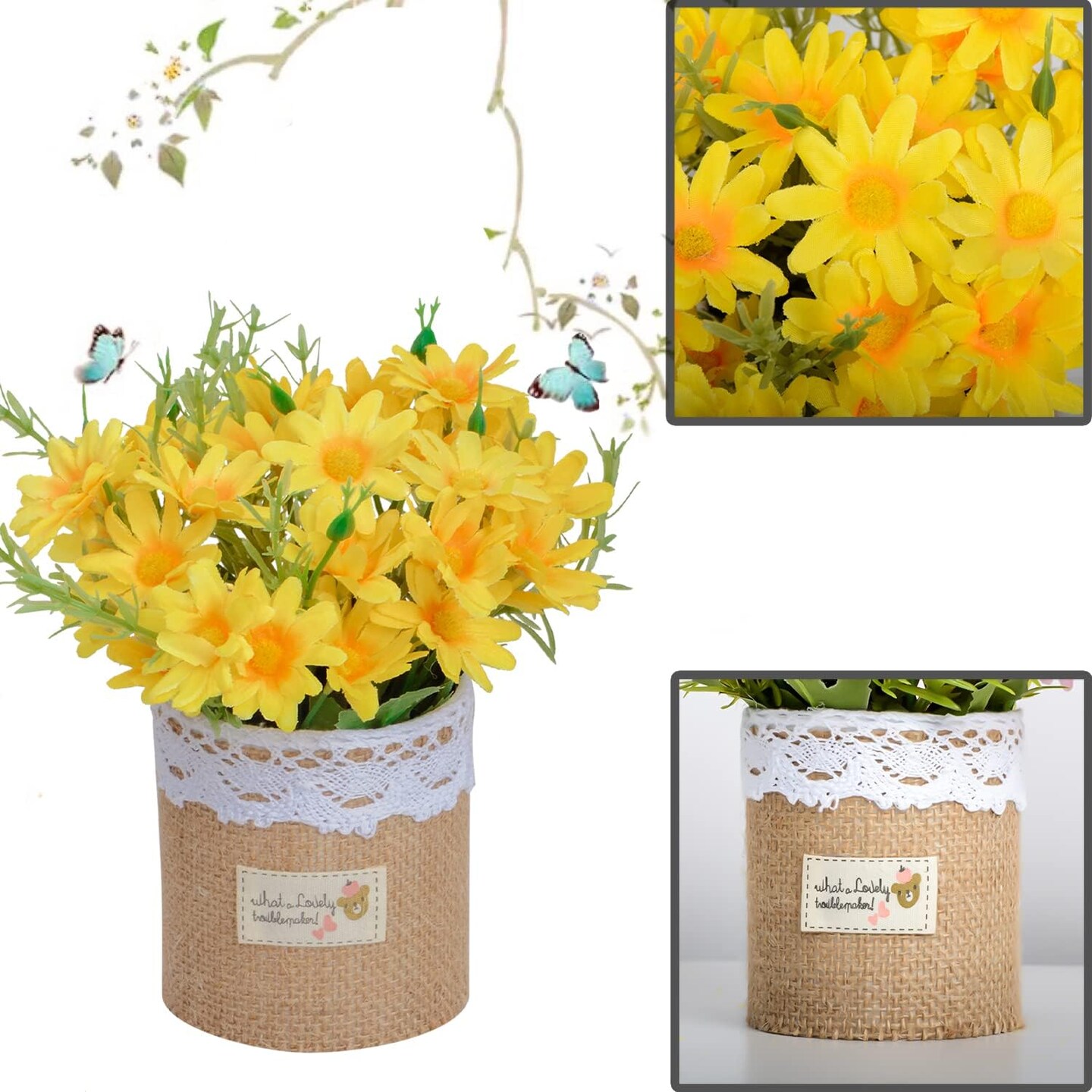 Summer Artificial Potted Flowers - Set of 4 Mini Fake Potted Silk Daisy Flowers