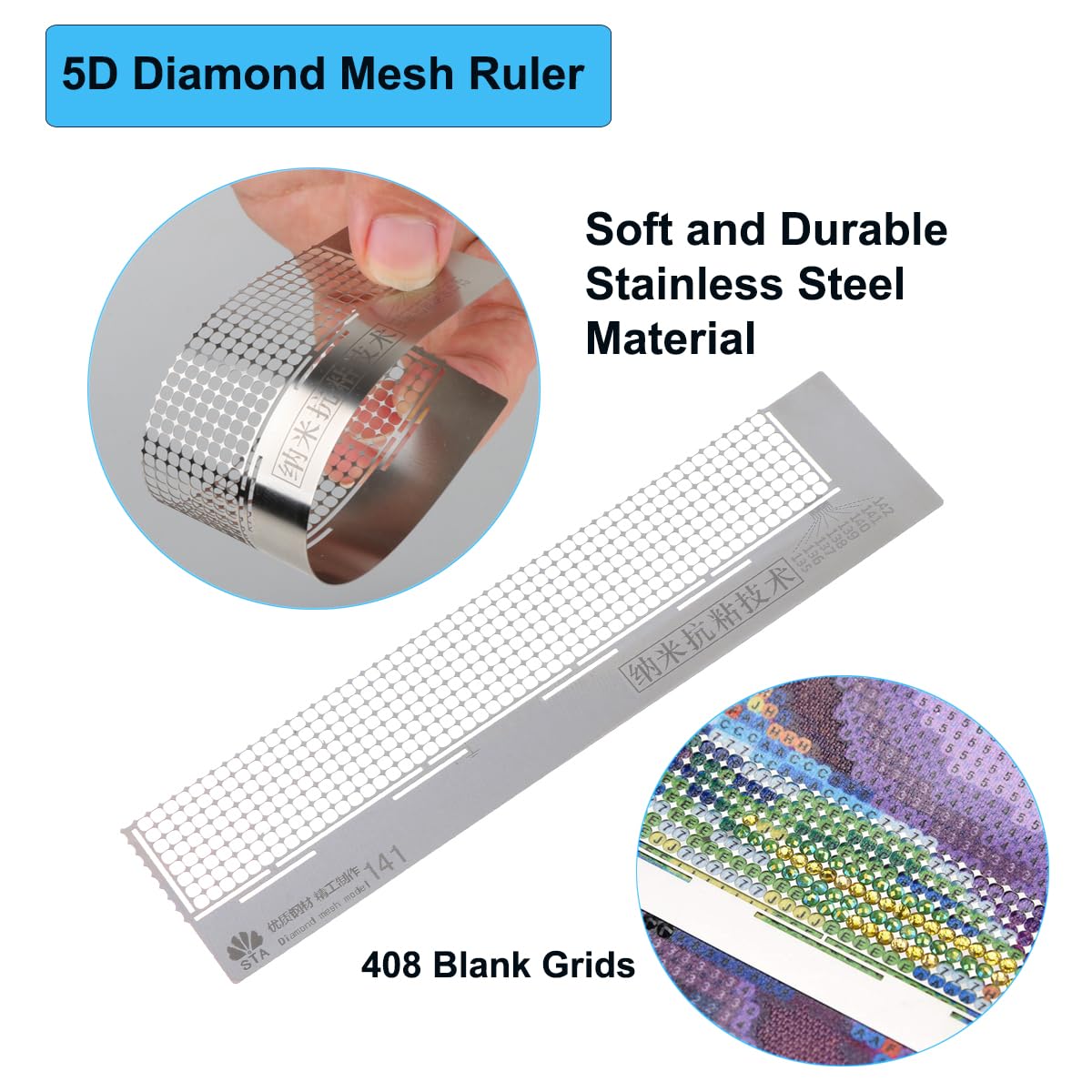 3 Pieces Diamond Painting Ruler Stainless Steel Mesh Ruler 5D Diamond Tool Drawing Ruler with 250, 250 and 408 Blank Grids for DIY Diamond Painting Kits
