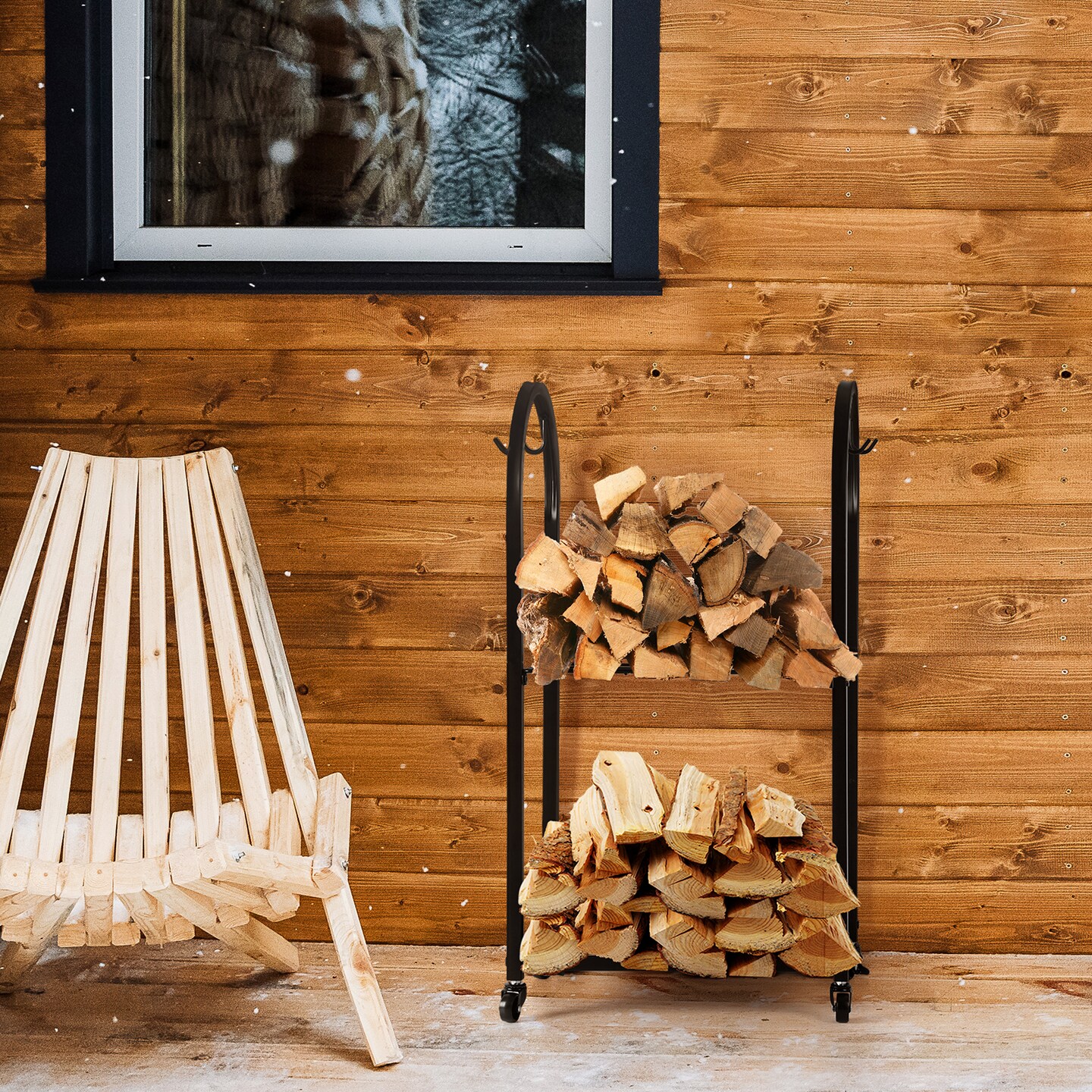 2-Tier Firewood Rack with Wheels &#x26; Hooks &#x2013; Indoor/Outdoor Log Holder for Fireplace, Patio, Hearth | Heavy-Duty Black Steel Storage (20.5&#x201D;x12.6&#x201D;x33.5&#x201D;)