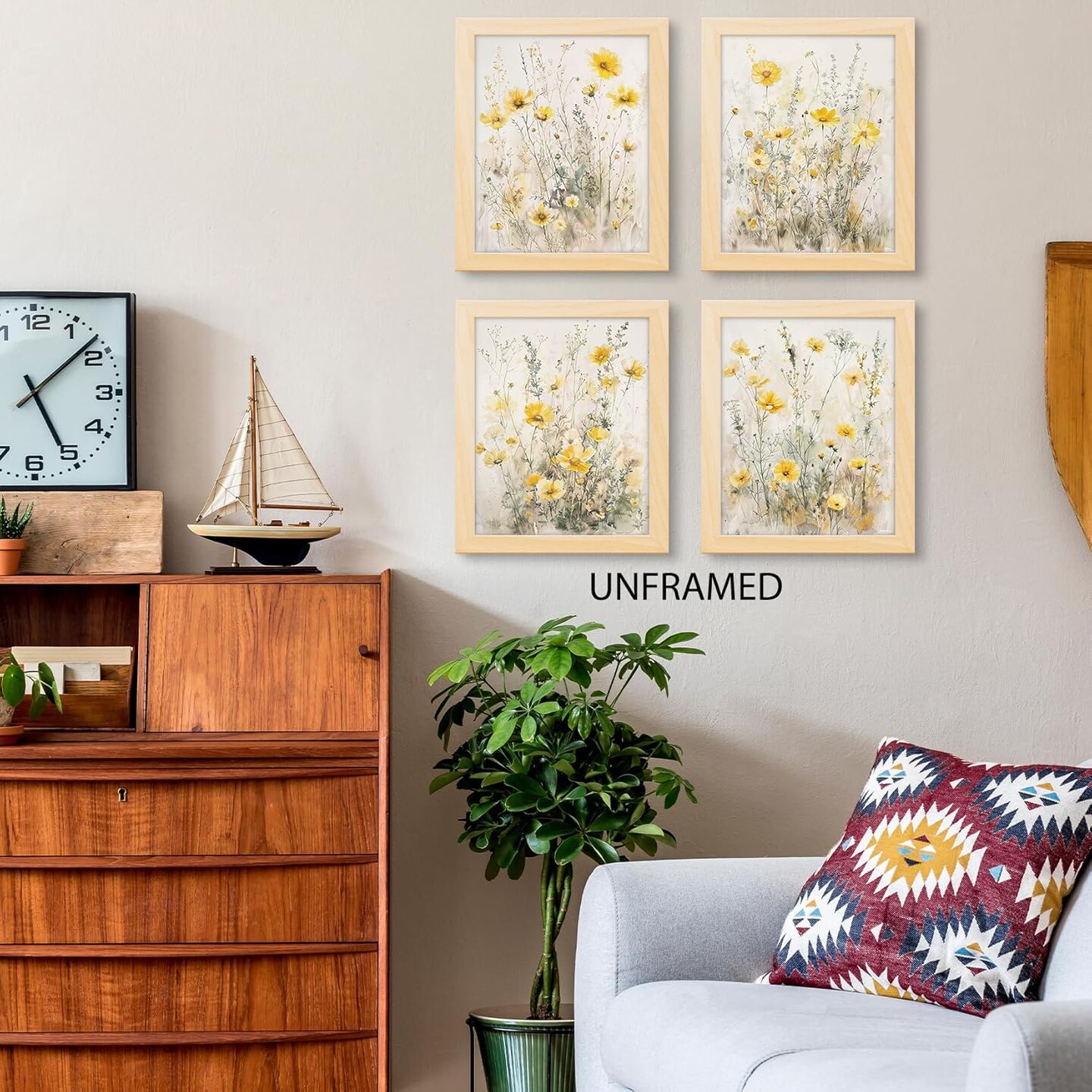 Summer Floral Wall Art Prints Set of 4, Summer Yellow Daisy Flower Wall Posters Decor for Farmhouse Home Living Room Porch Patio, Floral Poster Prints (8x10 Inches UNFRAMED)