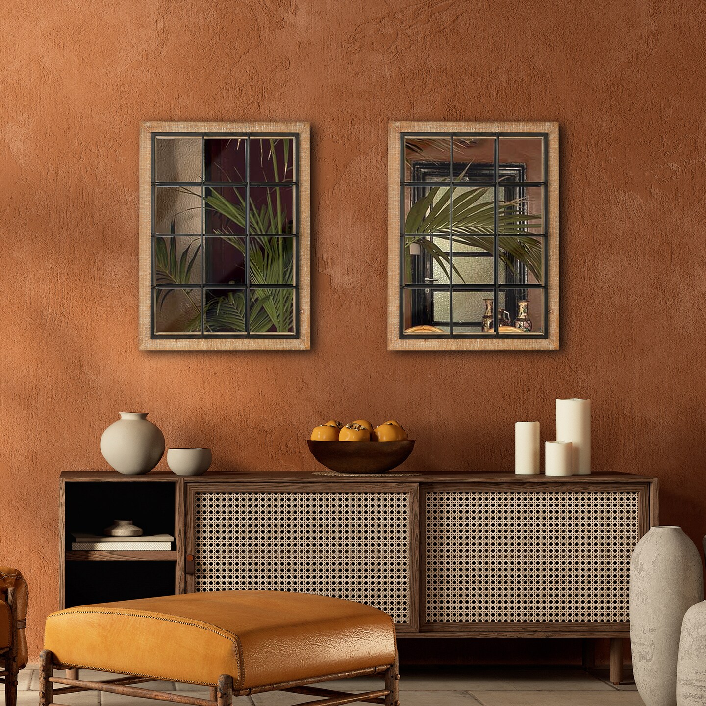 Set of 2 31.5&#x22;H Large Farmhouse Wooden Metal Windowpane Accent Wall Mirror
