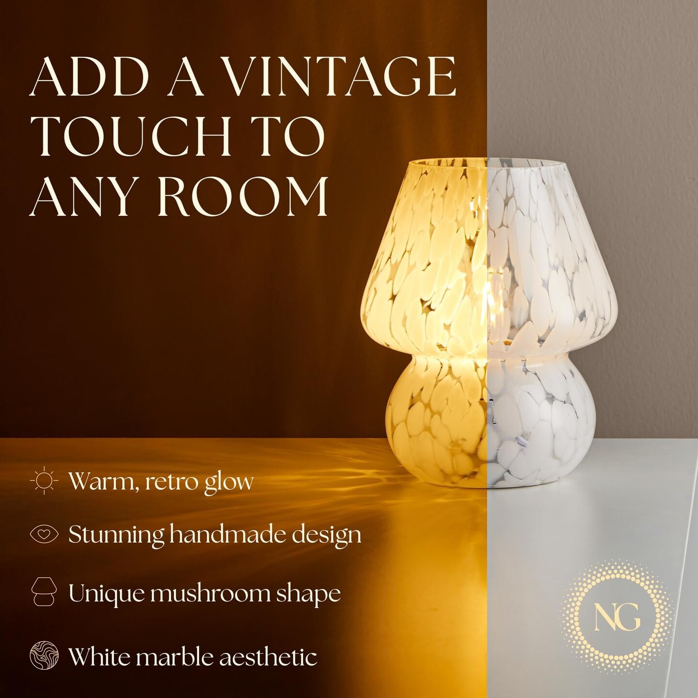 Next Glow Mushroom Lamp &#x2013; Dimmable LED Night Light with E26 Socket for Bedroom &#x26; Desk, Marbled White
