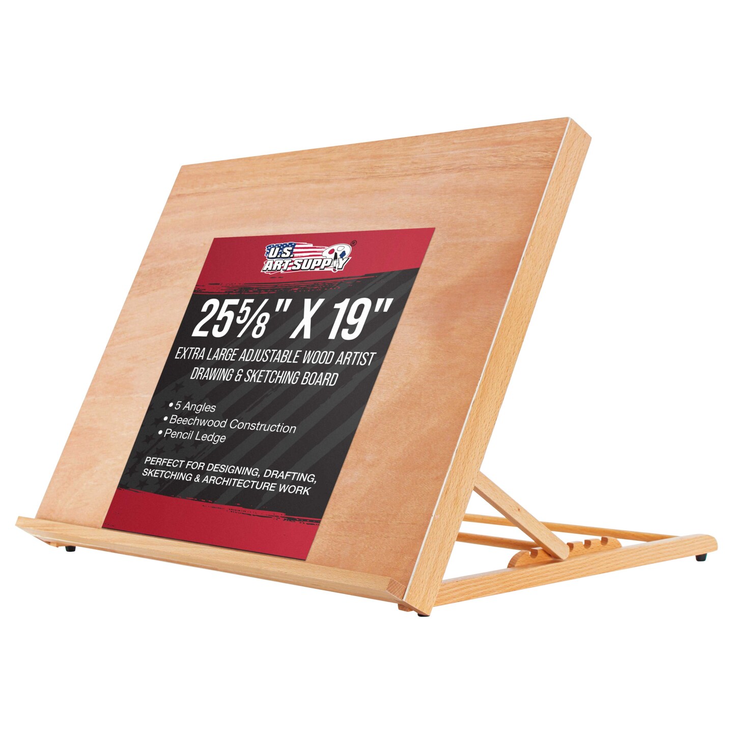 X-Large 25-5/8&#x22; x 19&#x22; (A2) Adjustable Wood Art Drawing Board - 5 Angles, Beechwood Construction, Pencil Ledge, Locking Storage Drawer - Perfect for Design, Drafting &#x26; Architecture