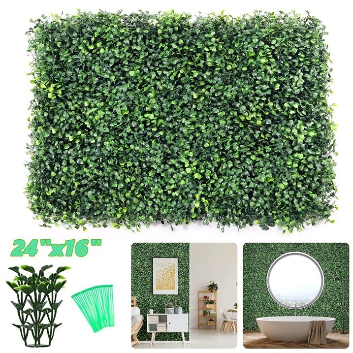 12 Pcs Artificial Boxwood Hedge Panels 24&#x22;x16&#x22; Indoor/Outdoor Privacy Screen &#x2013; Realistic UV-Resistant Grass Wall Decor, 31 Sq Ft Coverage, for Garden, Wedding Backdrop