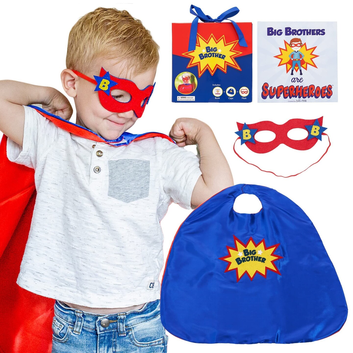 Tickle & Main Big Brother Gifts for Boy - 3-Piece Satin Superhero Cape & Mask with Storybook, Ages 2+, X-Large, Blue/Red/Yellow - Big Brother Superhero Cape Gift