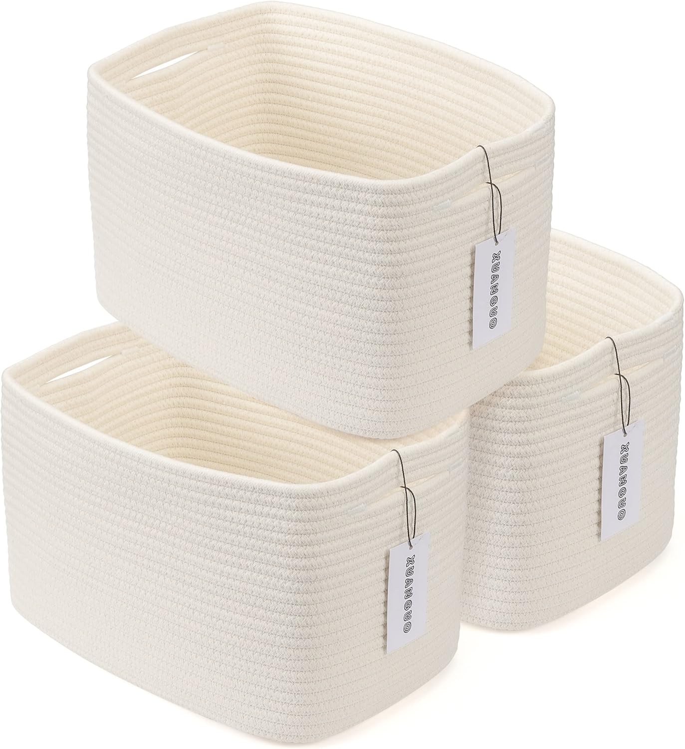 Summer Cotton Rope Storage Basket Bins Woven Basket for Organizing Shelves Rectangle Decorative Baskets For storage Clothes Toys Books Towels Square Wicker Nursery basket organizer 3 pack white