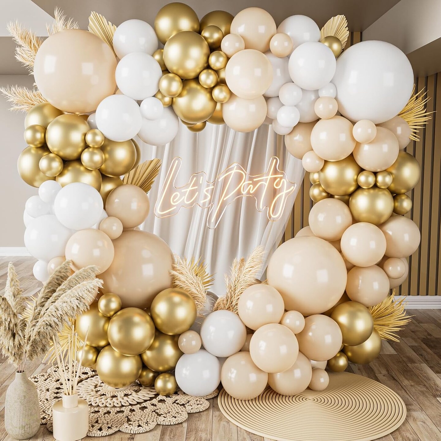 Sand White and Gold Balloon Arch Kit, White Nude Neutral Beige Metallic Gold Different Size Balloons for Boho Wedding Baby Bridal Shower Engagement Birthday Party Decorations Backdrop