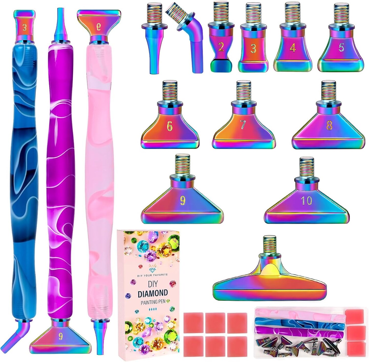 21Pcs Rainbow Diamond Art Painting Metal Tips Screw Thread Tips Diamond Art Painting Pen Accessories Multi Placer Tips 5D Diamond Art Painting Tools with 6 Clay, Gift Box