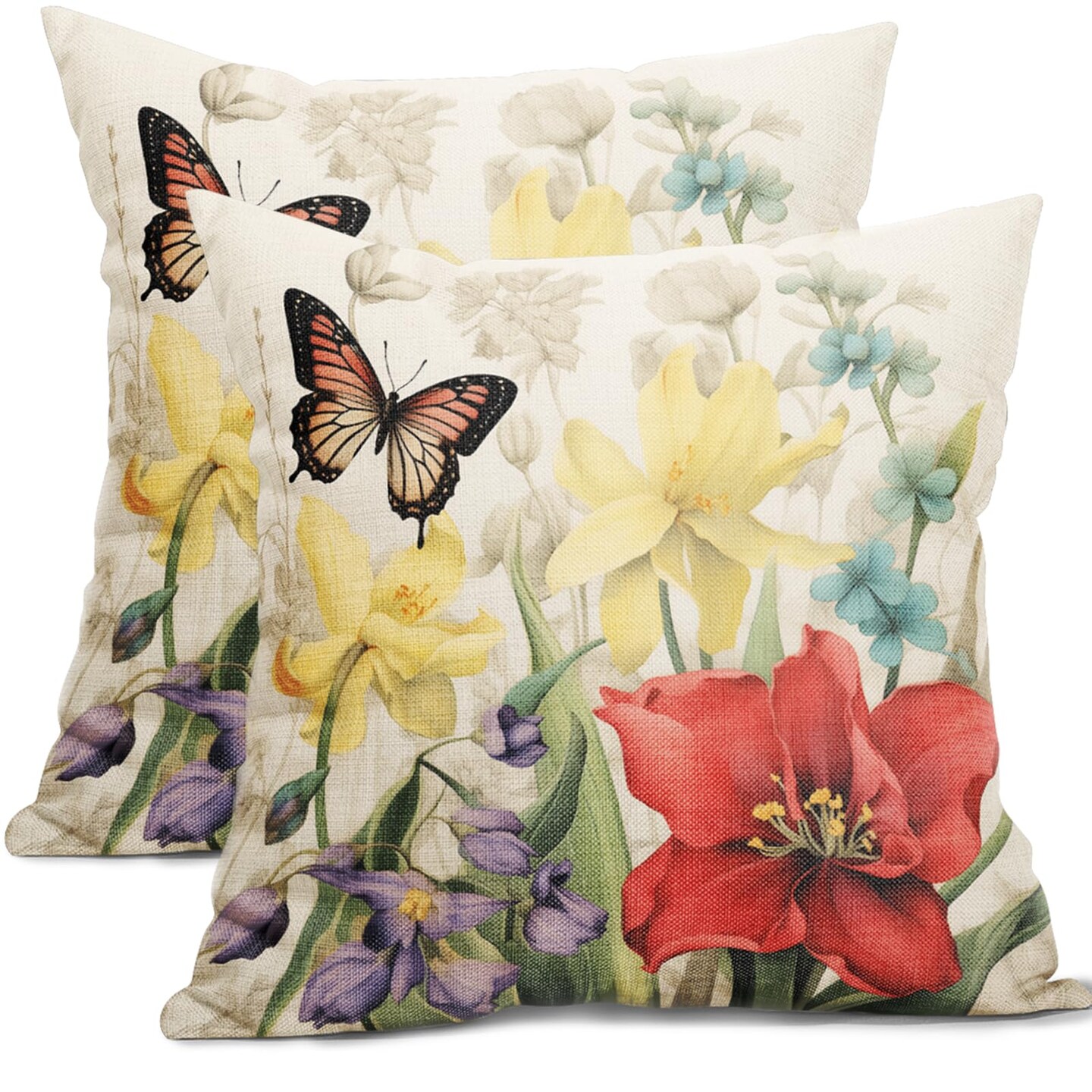 Spring Summer Flower Outdoor Decorative Pillow Covers 18x18 Inch Set of 2 Floral Butterfly Throw Pillows Spring Farmhouse Pillowcases Cotton Linen Cushion Covers for Couch Bed Sofa Chair Home Decor