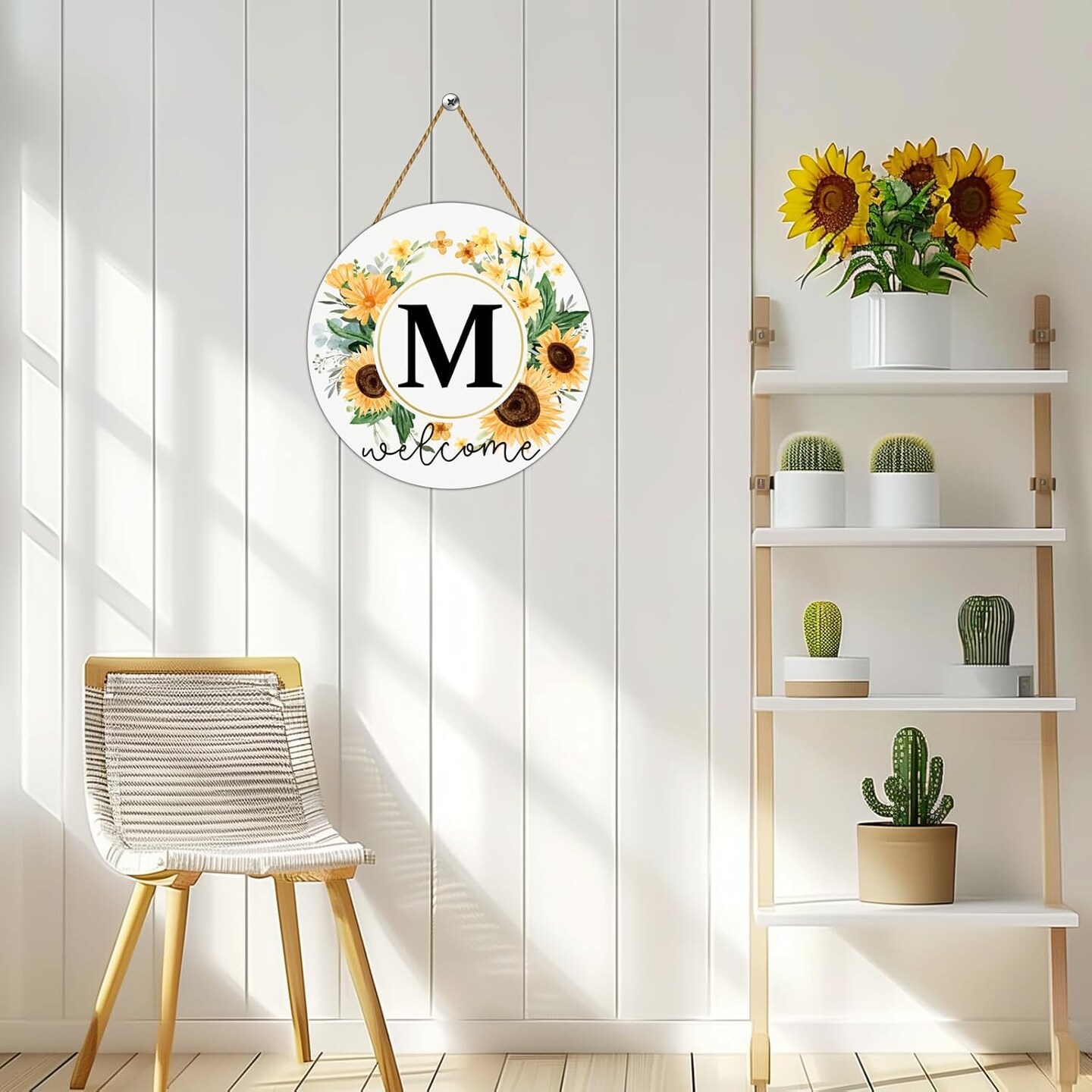 Sunflower Decor Monogram Letter M Wreaths for Front Door Wreath Wooden Welcome Sign for Front Door Decor Floral Last Name Initial House Warming Summer Porch Rustic Wall Home Kitchen Decorations