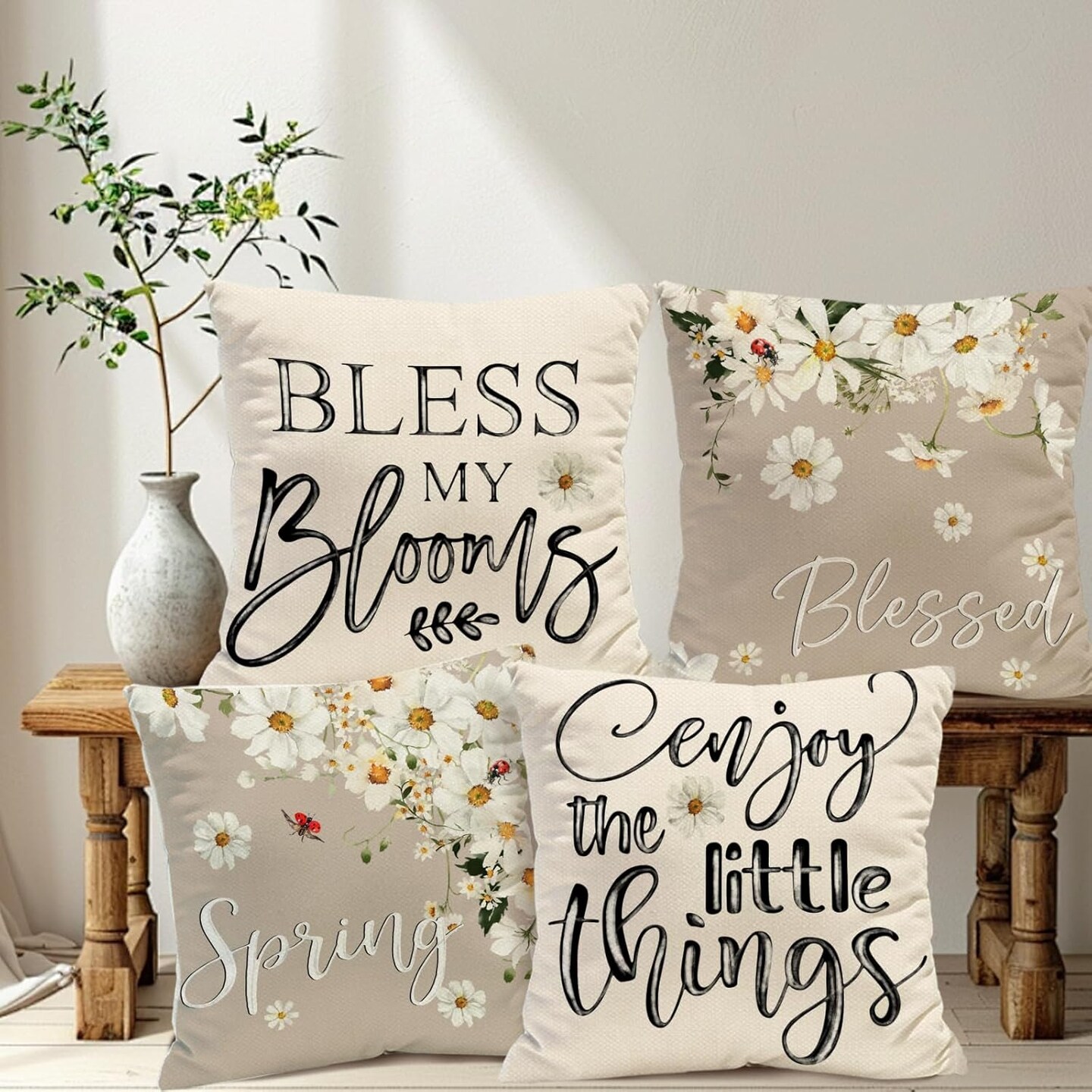 Spring Summer Throw Pillow Covers 18 x 18 Inch Bless My Blooms Pillow Case White Daisy Enjoy The Little Things Farmhouse Seasonal Cushion Case Decoration for Sofa Couch Set of 4