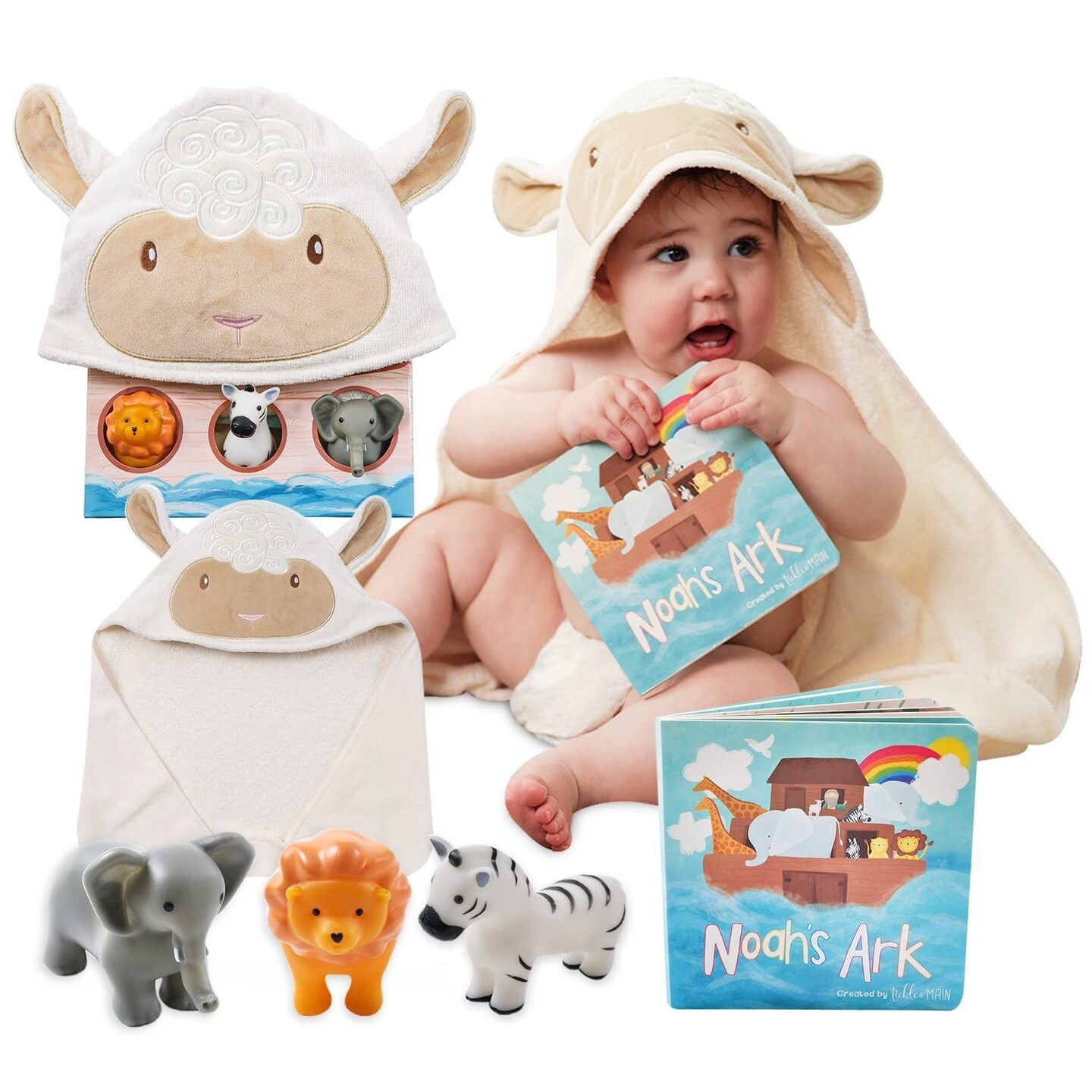Tickle &#x26; Main Noahs Ark Baptism Gifts for Boys, Ark Toy Gift Set for Baby Shower and Birthday, Gift-Ready Fun 5-Piece Set Includes Story Book, Hooded Towel and 3 Squirt Toys for Toddlers &#x26; Kids