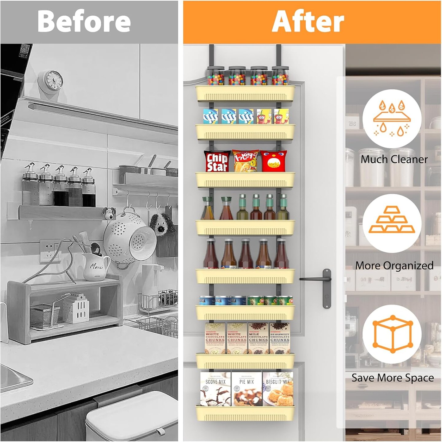 8-Tier Over The Door Pantry Organizer with Adjustable Baskets - Black Hanging Spice Rack, Door-Mounted Storage for Kitchen, Bathroom, Laundry Room - No Drilling