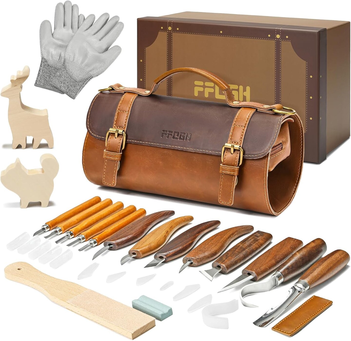 Wood Carving Tools Kit 20Pcs - Whittling Knife Set with Animal Wood Carving Blocks for Beginners, Woodworking Tools Gifts for Kids & Adults with Cut-Resistant Gloves & Large Leather Case