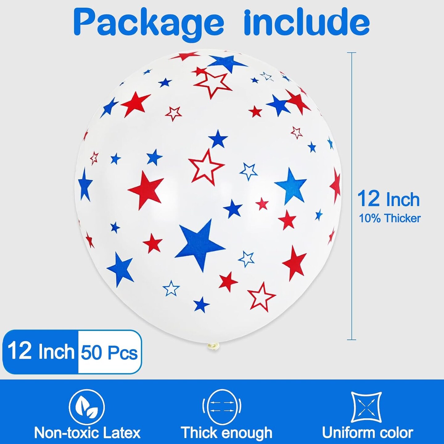 12 Inch Printed Star White Balloons, 50 Pcs Printed Blue Red Star Latex Balloon for 4th of July Decorations Happy Birthday Festival Anniversary Independence Day Decoration Baby Shower Party Supplies