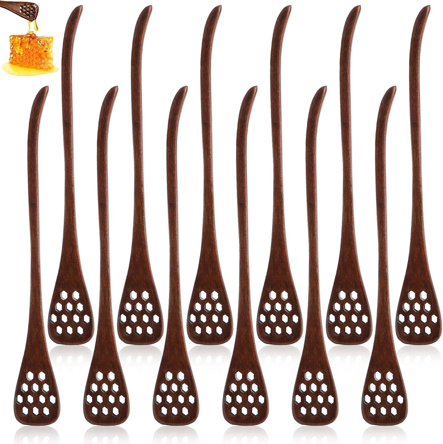 12 Pack Wood Honey Dipper, Honey Spoon Sticks, Honey Mixing Stirrers for Tea Coffee, Honey Comb Sticks with Long Handle, Reusable Honey Wand Syrup Dippers for Home Kitchen Party, Food Safe, 7&#x27;&#x27;