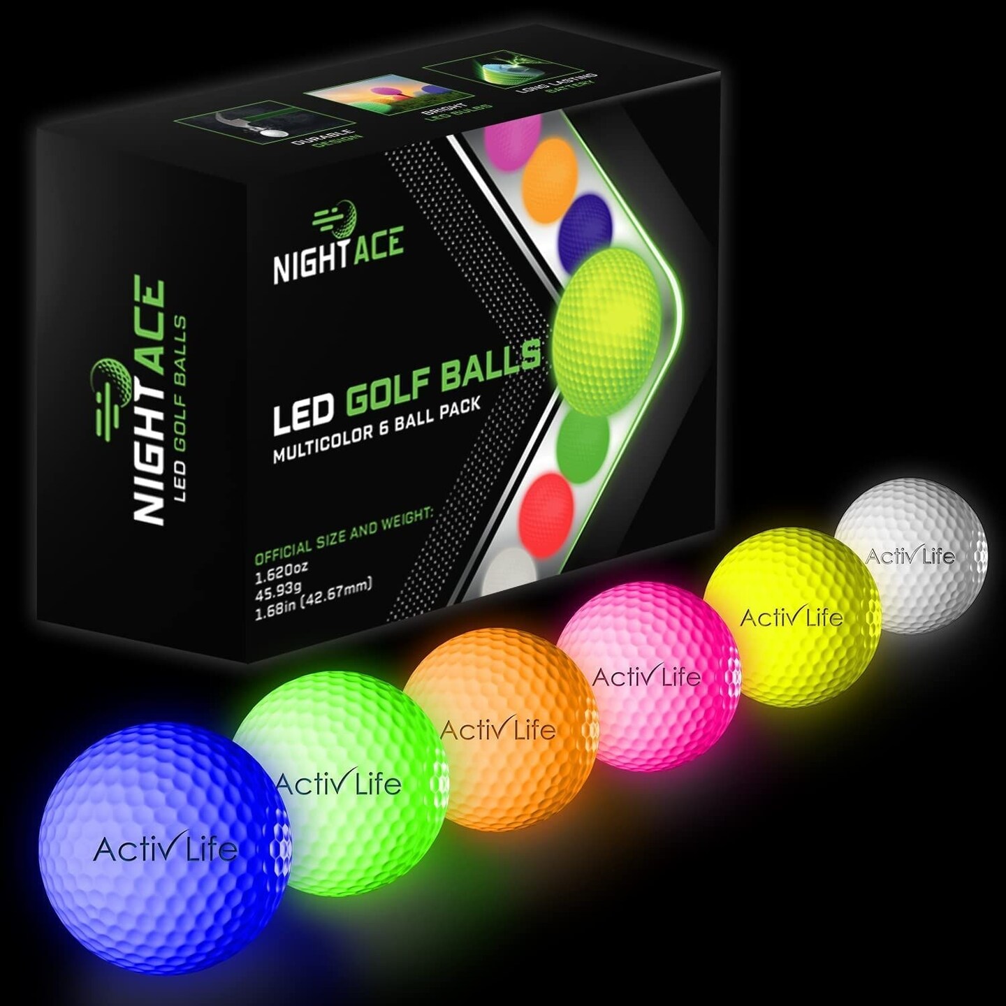 Activ Life 6 Pack Super Bright LED Golf Balls, Lighted Glow in The Dark Golf Balls for Night, 40 Hours Battery, Don&#x27;t Let Sundown Stop You, Summer Novelty Gift for Golfers, Rainbow