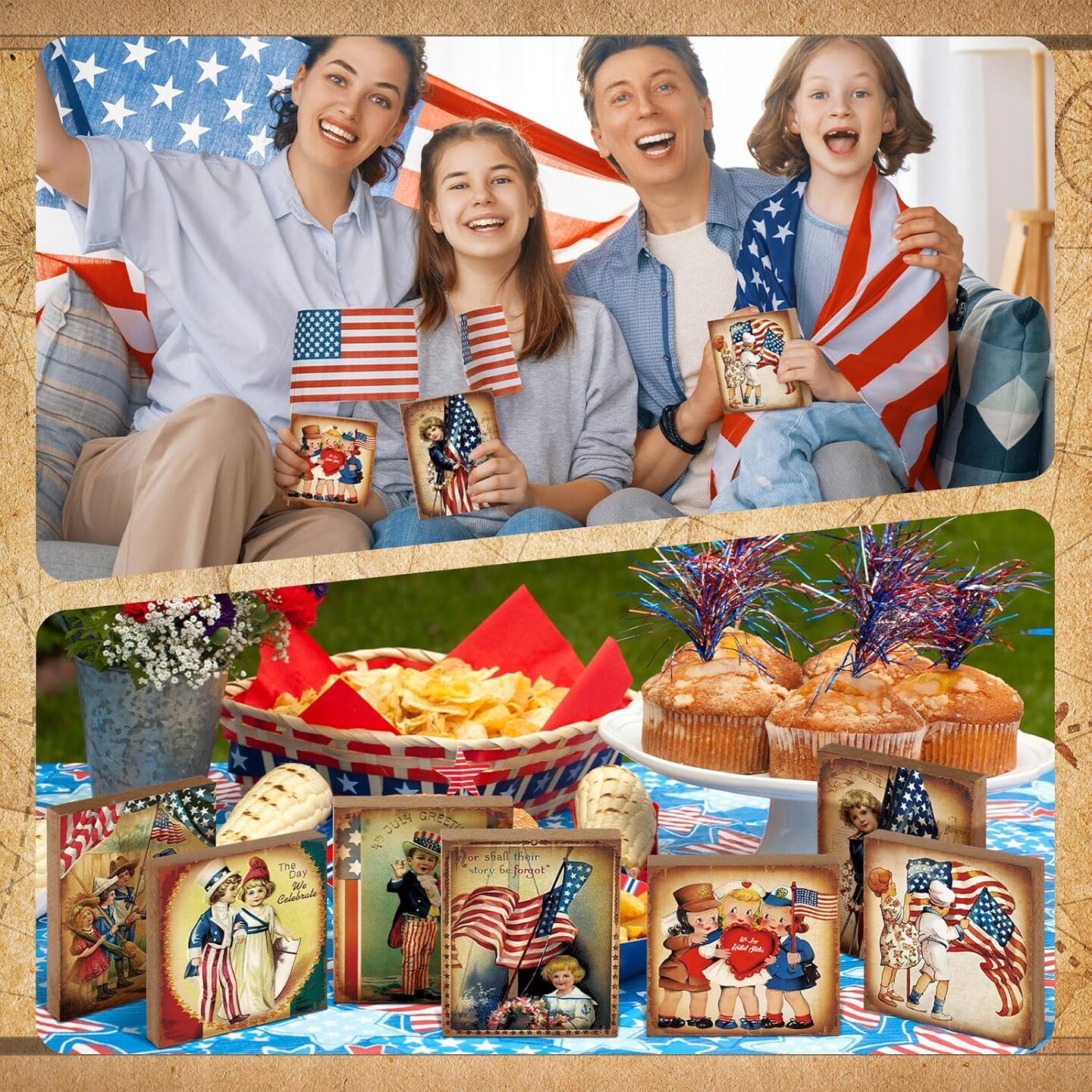 8 Pcs Vintage 4th of July Decorations Retro Patriotic Wooden Sign Independence Day Tabletop