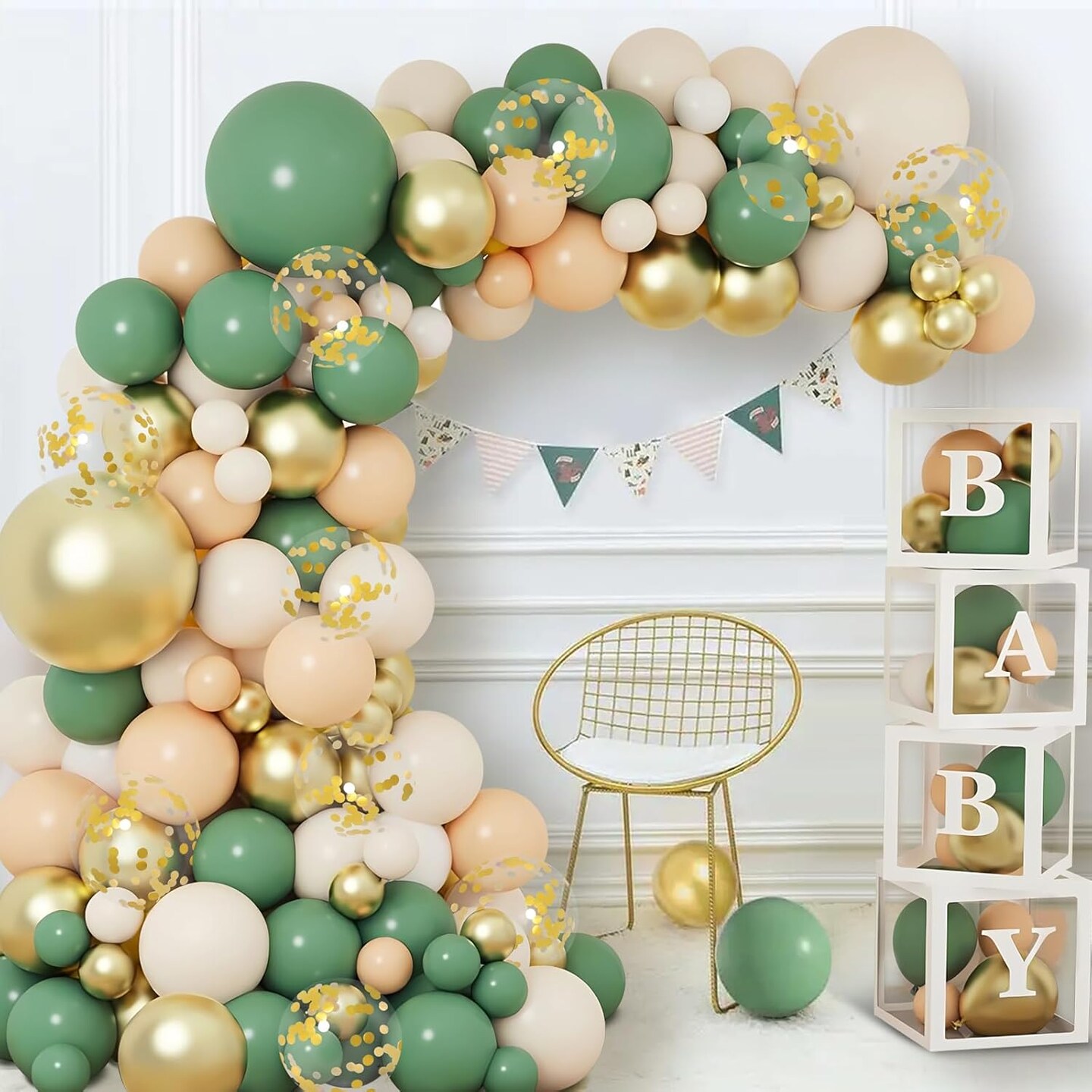 Sage Green Baby Shower Decorations for Boy or Girl - 136pcs Baby Shower Decor, Baby Shower Balloon Boxes with Green Gold Balloon Arch Garland Kit