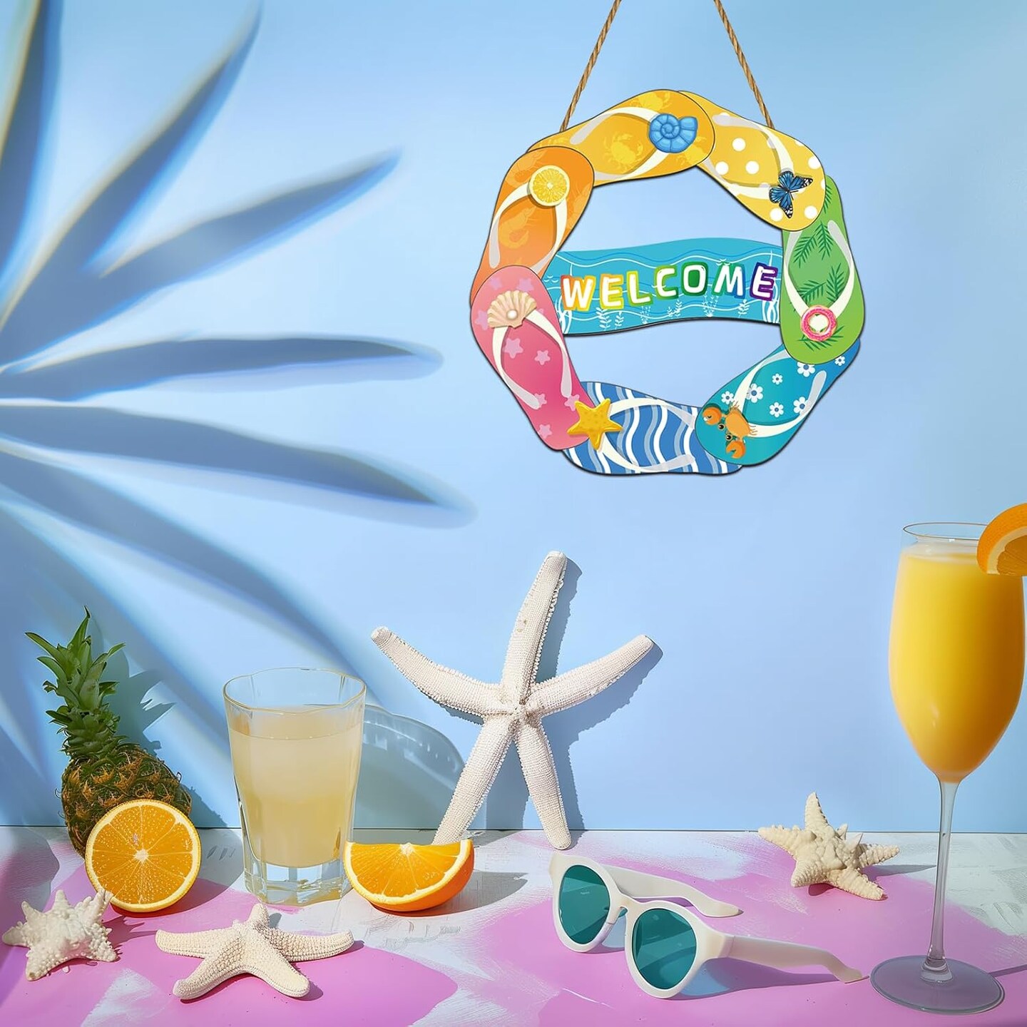 Summer Decor Summer Door Decor Flip Flop Hanging Plaque Welcome Sign Pool Decorations Wooden Front Door Hanger for Office Wall Indoor Home Decor