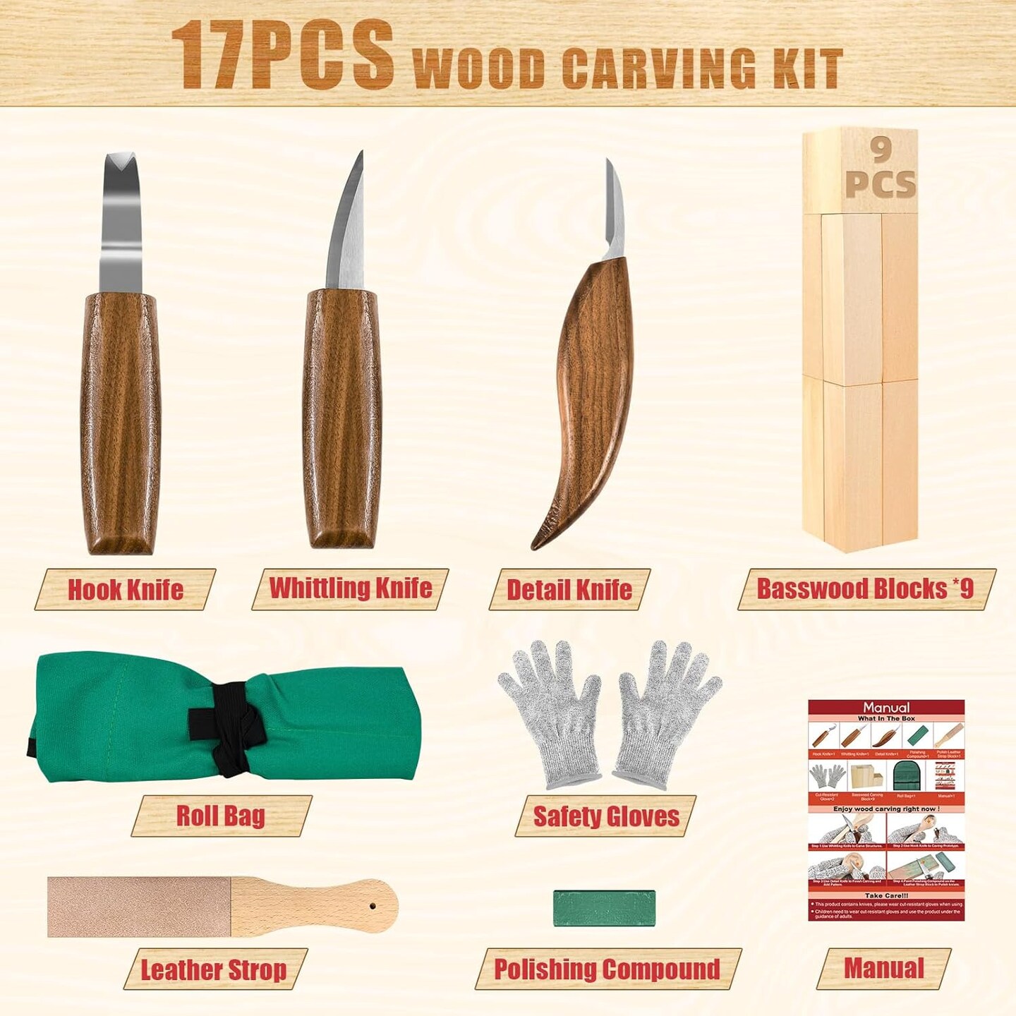 Wood Carving Kit, Whittling Kit for Beginners 17PCS Wood Carving Tools with 3PCS Whittling Knife 9PCS Basswood Blocks &#x26; Gloves &#x26; Strop Block &#x26; Polishing Compound Wood Carving Set Hobbies for Adults