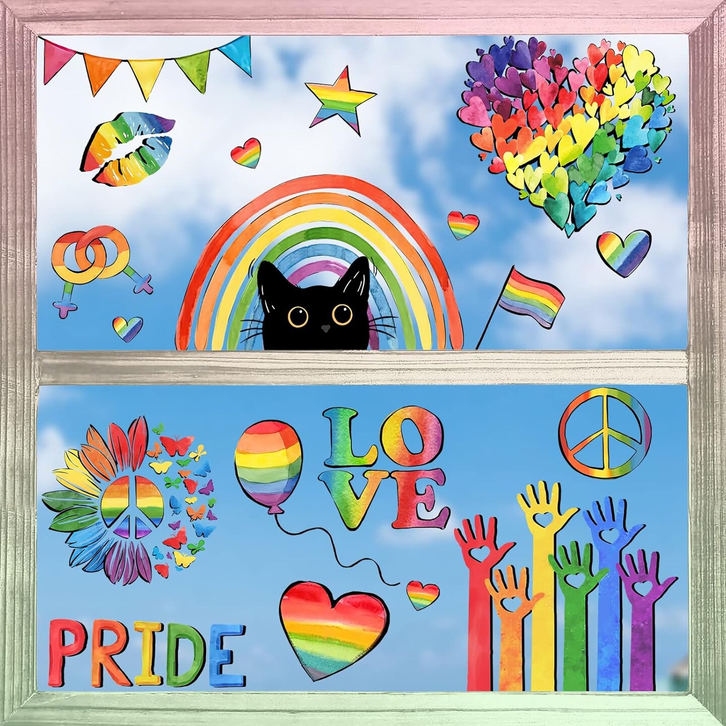 Gay Pride LGBTQ Rainbow Window Clings 9 Sheets, Equality Diversity Sunflower Love Hearts Black Cat Stickers Decals Decor, Lesbian Pansexual Bisexual Pride Month Home Kitchen Decorations
