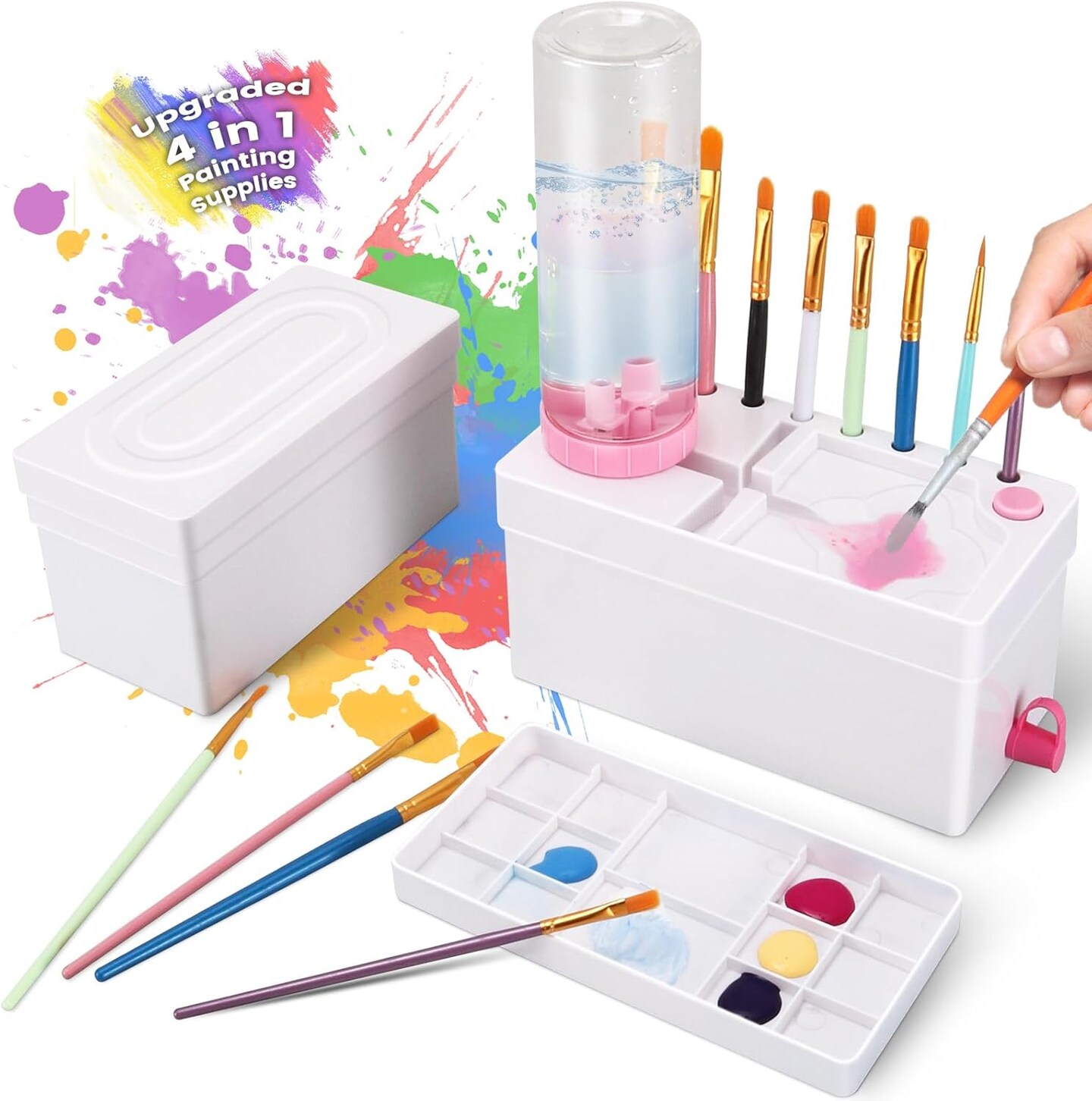 2025 New Paint Brush Cleaner, Upgraded 4-in-1 Brush Holder with Palette, Brush Rinser for Acrylic Paint Water Dispenser Washer Painting Station for kids Paintbrush Cleaner Watercolor Accessories(Pink)