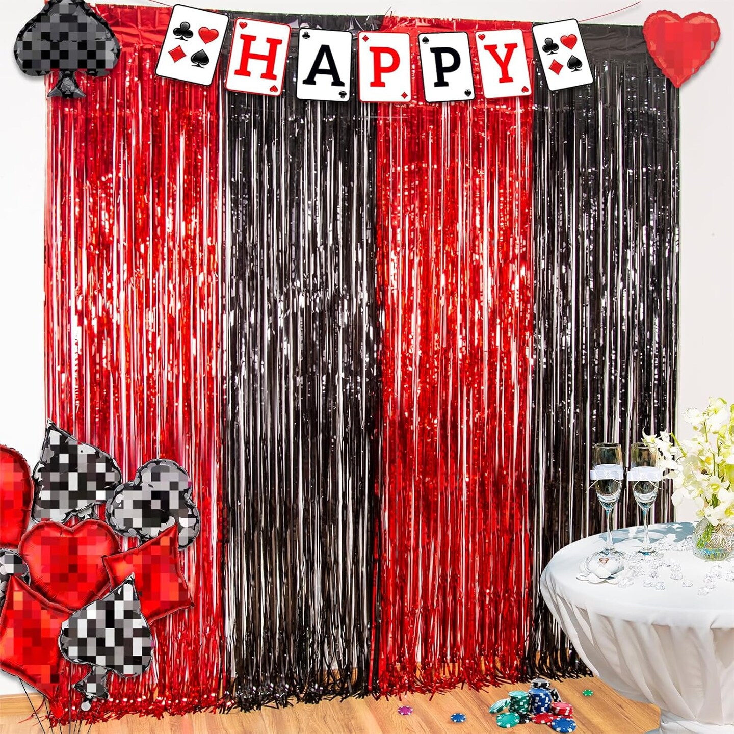 Casino Theme Party Decorations, 3 Pack Red and Black Birthday Party Supplies 3.3 x 6.6ft Tinsel Foil Fringe Curtains Photo Booth Props Backdrop Streamers, House Room Decor for Las Vegas Party