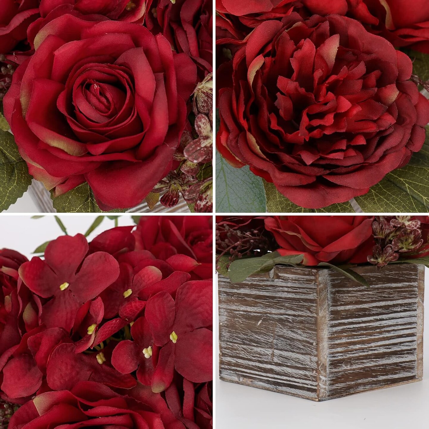 Flower Arrangement with Wooden Vase 8&#x22; Artificial Flowers in Pot - Fake Flowers Roses Peonies Hydrangeas in Wooden Vase Potted Artificial Flower Centerpieces for Table Decor Living Room - Red