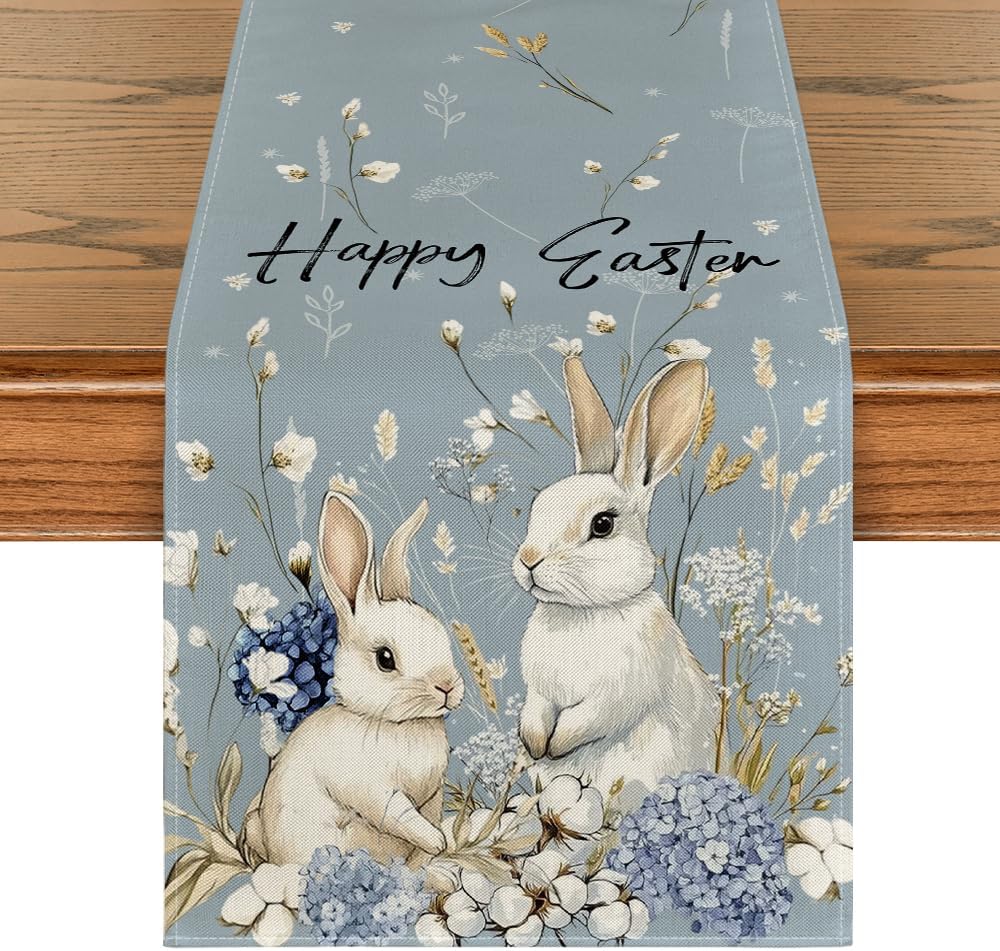Bunny rabbit, hydrangea Happy Easter table runner, 13x36 inches, spring kitchen dining decor.