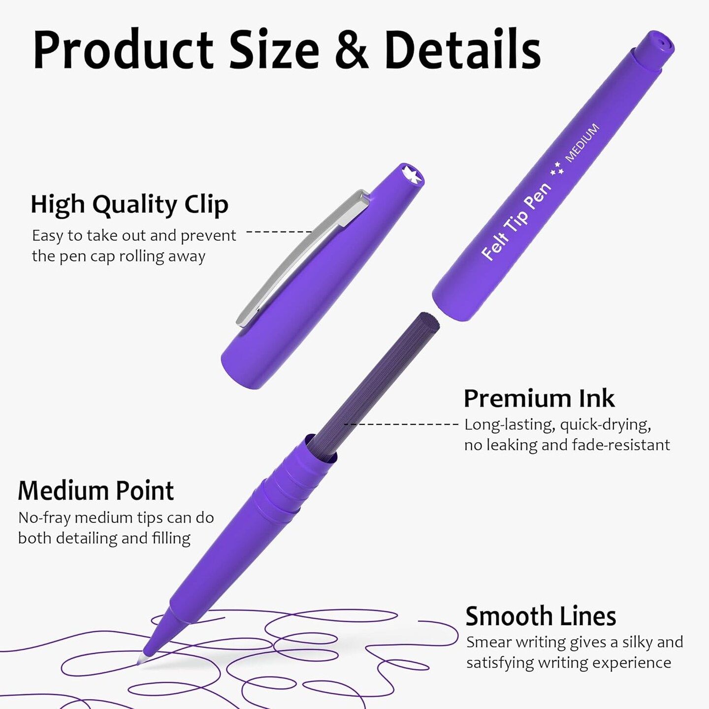 Felt Tip Pens, 40 Purple Pens, 0.7mm Medium Point Felt Pens, Felt Tip Markers Pens for Journaling, Writing, Note Taking, Planner, Perfect for Art Office and School Supplies