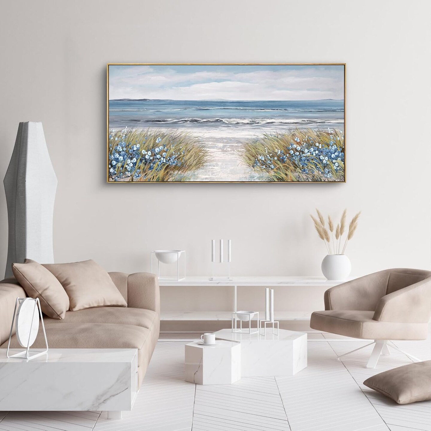 Framed Wall Art for Bedroom Decor - Farmhouse Boho Beach Coastal Vintage Floral Ocean Wall Picture Daisy Flowers Sea Canvas Print Nautical Neutral Seascape Artwork for Home Living Room