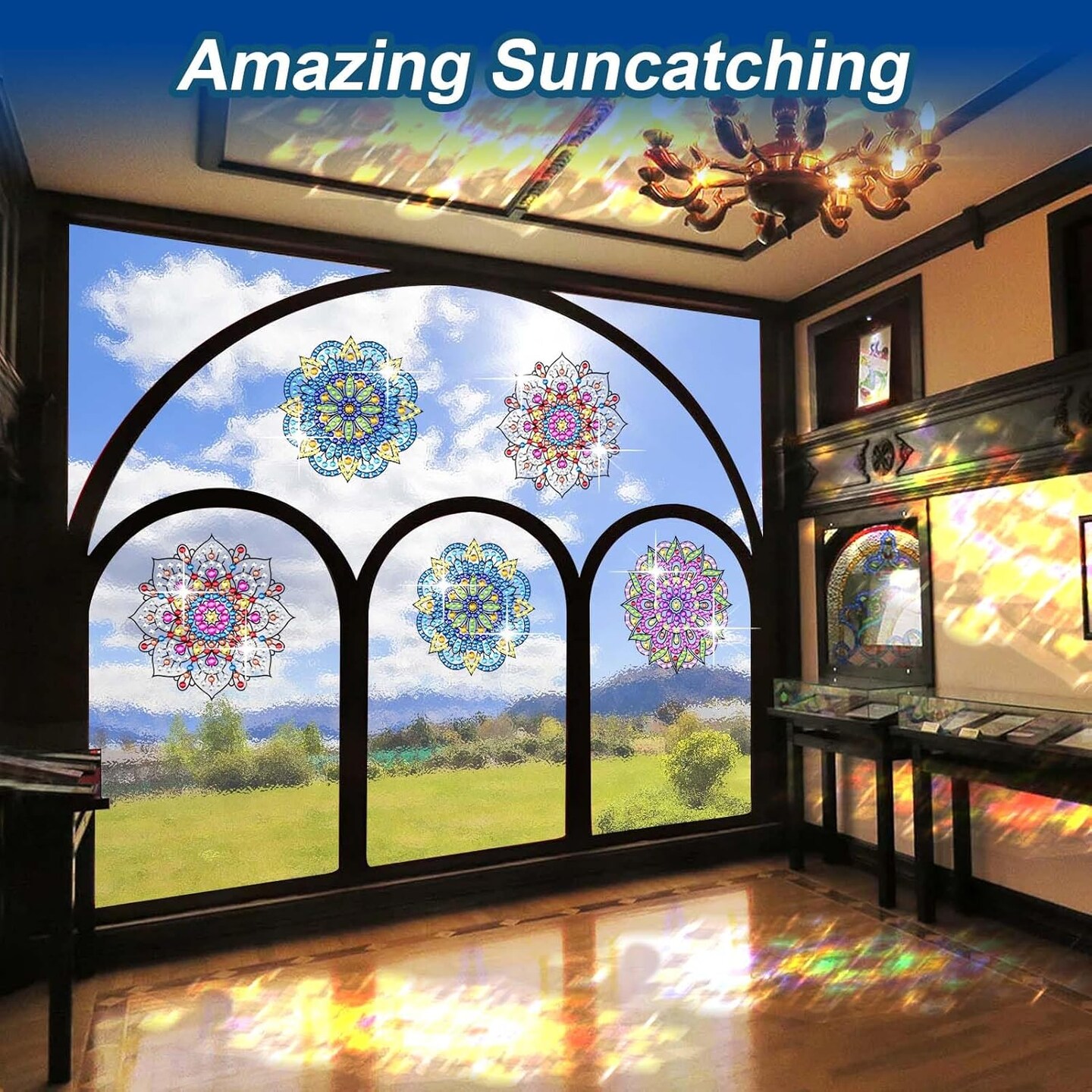 Diamond Art Stained Glass Window Clings with Diamond DIY Pen, 3 Pcs Mandala Window Stickers for Suncatchers, Diamond Art Kits for Adults