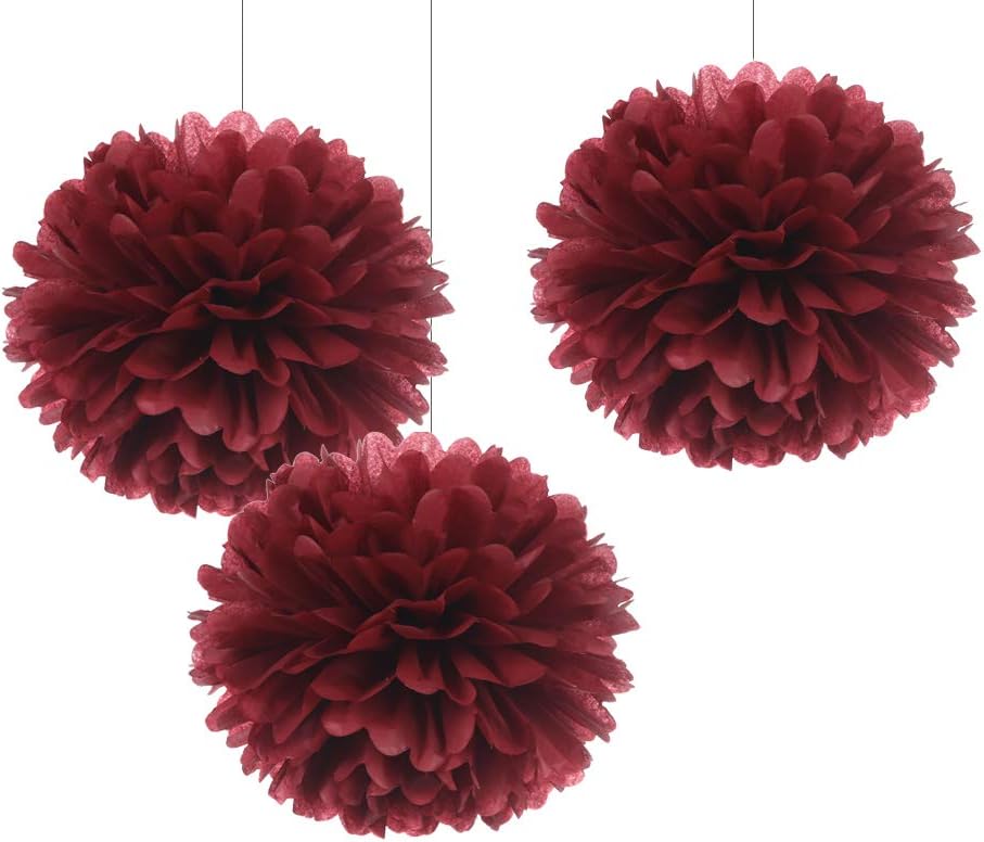 12" Burgundy Tissue Pom Poms DIY Hanging Decors Paper Flower Balls for Bridal Shower Birthday Party Wedding Backdrop Dessert Table Decoration Supplies, Pack of 12