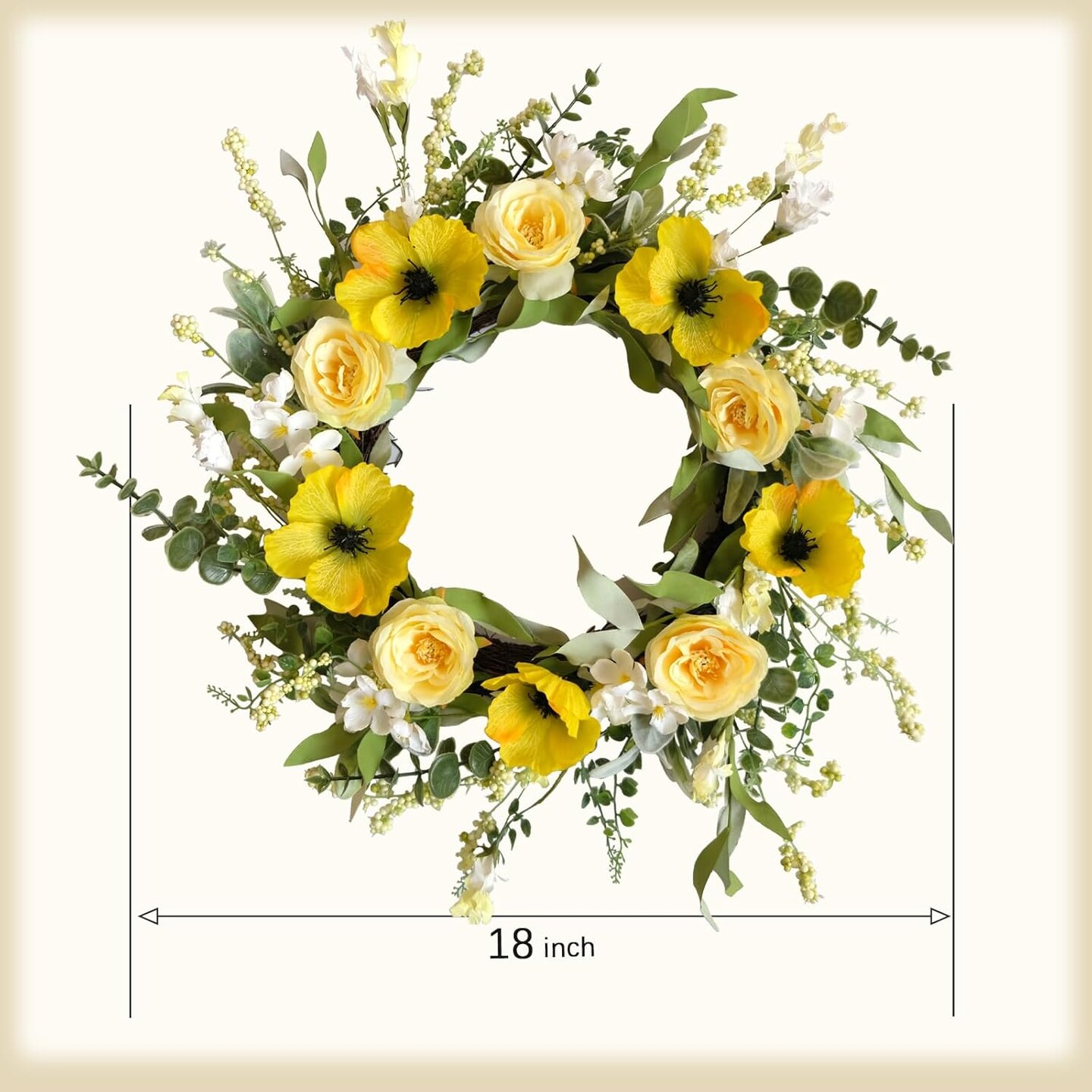 Summer Wreaths for Front Door 18 Inch Artificial Flower Decoration Wreath with Yellow Roses Poppies Wreaths for Farmhouse Outside All Season for Indoor Outdoor Home Wall Holiday Decor