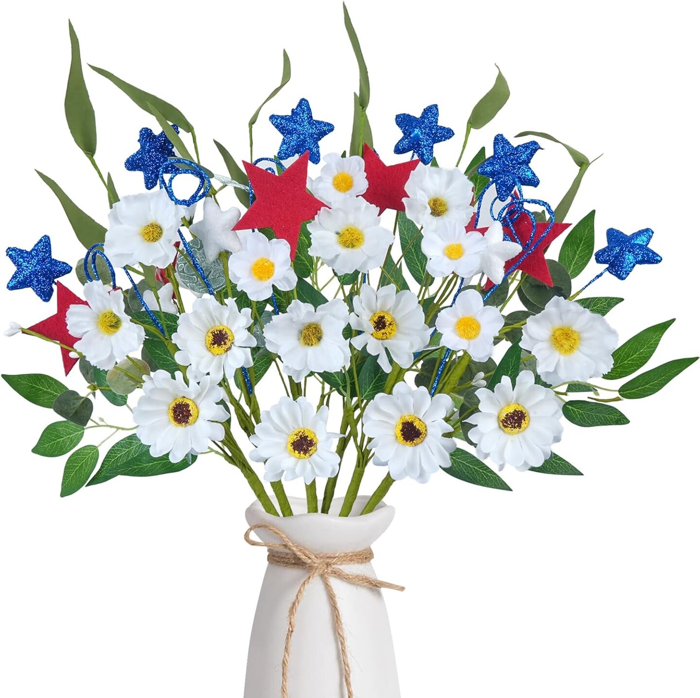 6 Pcs Artificial Flower Patriotic Memorial Bouquet White Silk Daisy Flowers Fake Wildflowers Bouquet with Blue Red Stars for 4th of July Independence Day