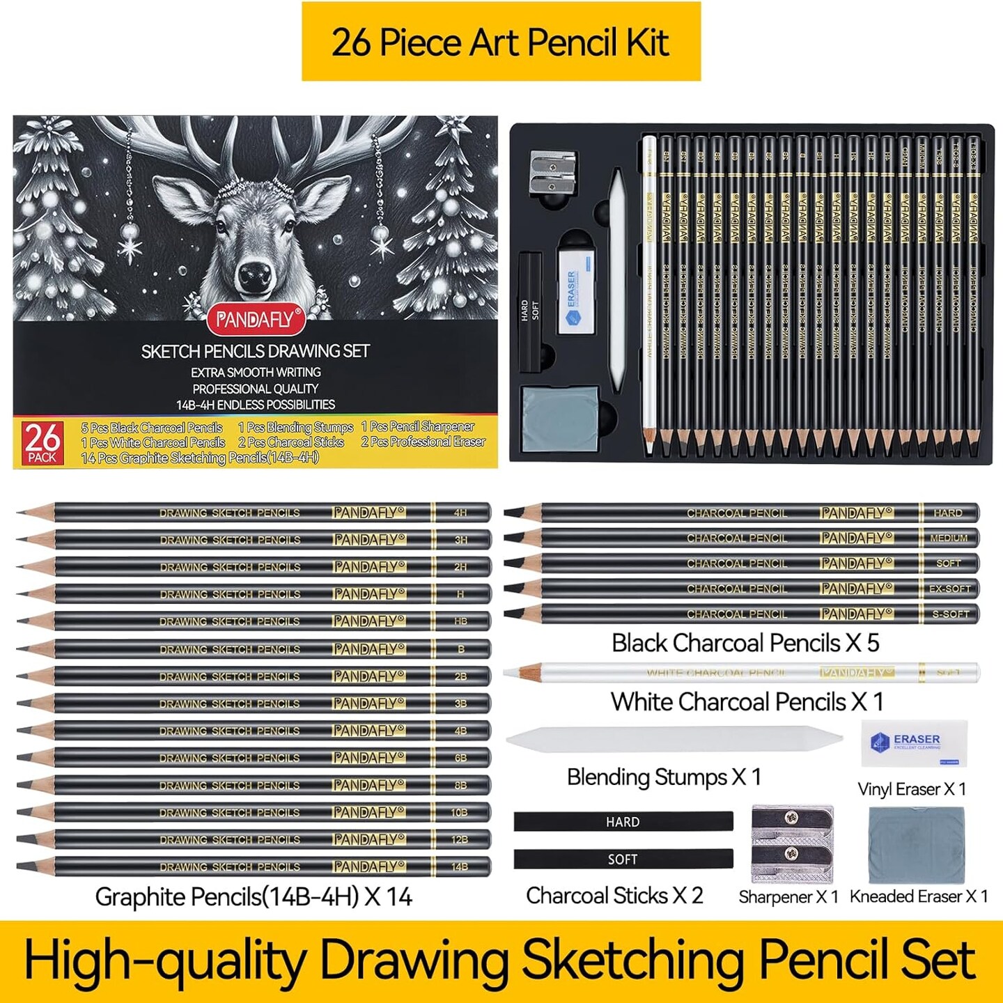 Drawing Sketching Pencil Set, 26 Piece Pro Art Pencil Sketch Kit - Graphite Pencils (14B-4H), Black and White Charcoal Pencils, Charcoal Sticks, Blending Stump, Eraser, Sharpeners