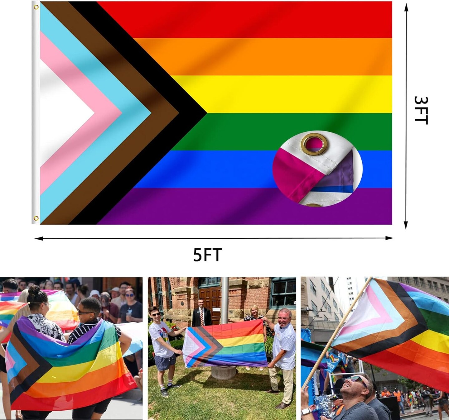 Pride Flag 3x5 Fts Outdoor- LGBT Community Support Gay Pride Rainbow Banner,Vivid Color Progress Flags with 2 Brass Grommets
