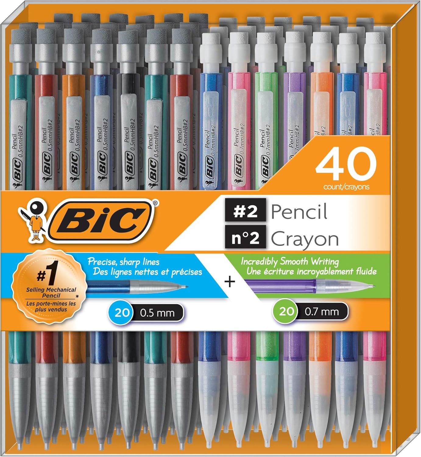 Mechanical Pencil #2 EXTRA SMOOTH, 40 Pack Of Twenty 0.5mm, and Twenty 0.7 mm - Assorted Colored Barrels - Variety Pack of Bic Lead Pencils