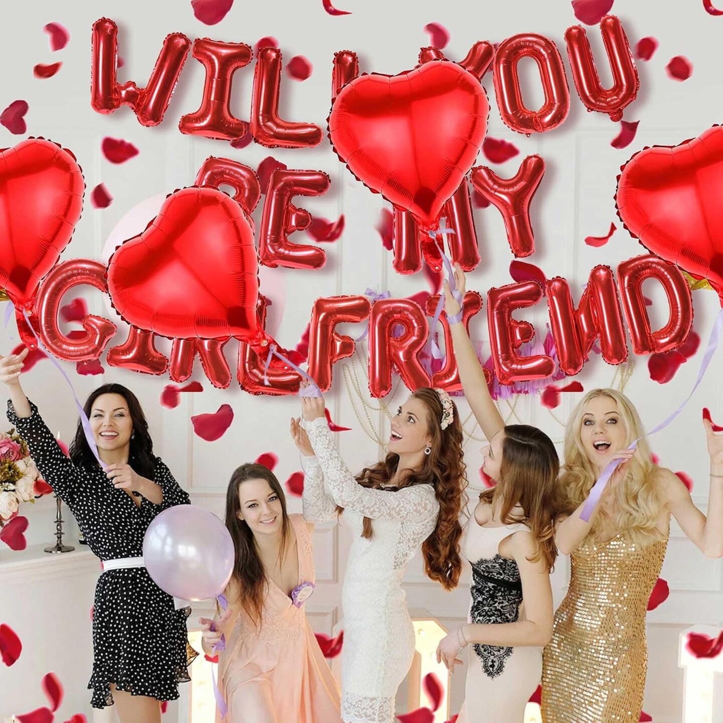 Will You Be My Girlfriend - Letter Foil Balloons Decorations 4 Pcs Red Heart Balloon and 500 Pcs Artificial Rose Petals For Proposal Wedding Valentine Day Decor Supplies