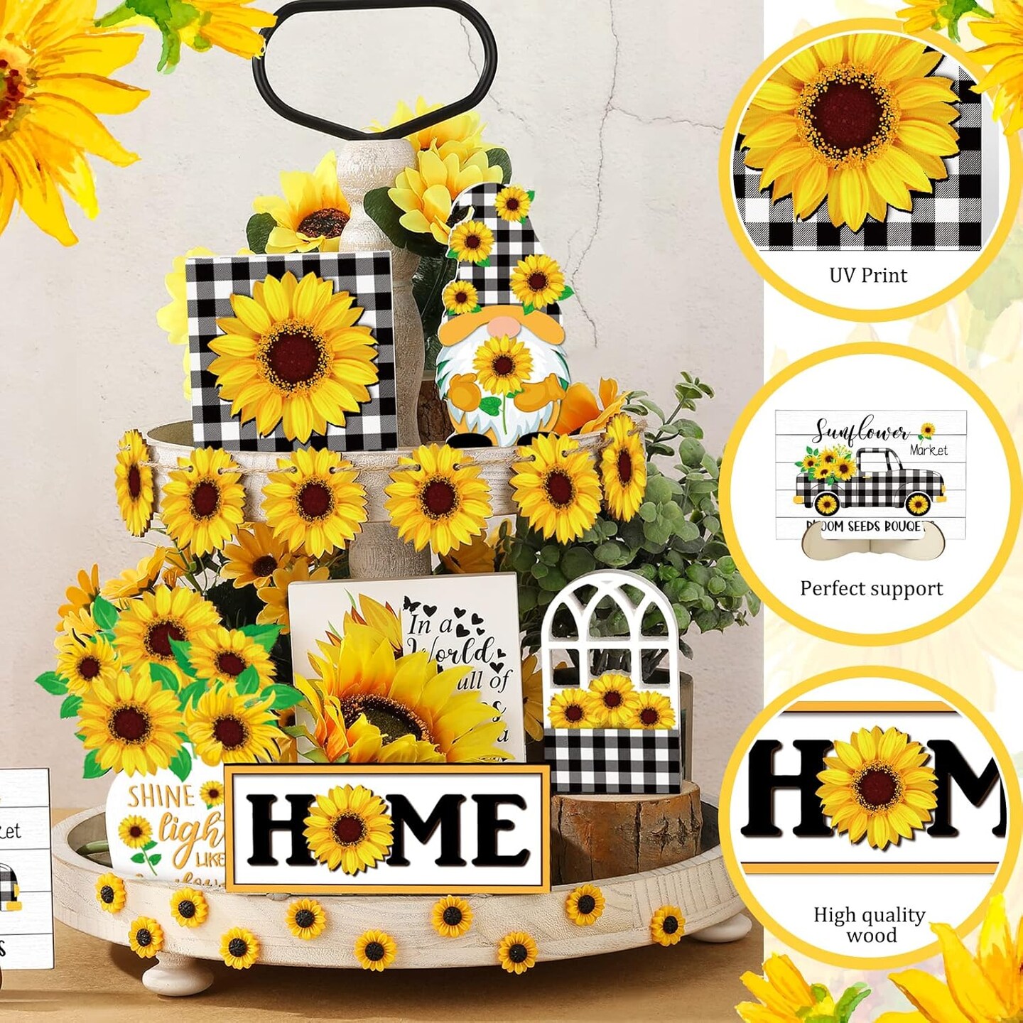 12 Pcs Sunflower Tiered Tray Decor Sunflower Decorations for Home Farmhouse Tray Set Rustic Summer Flower Table Top Centerpiece for Home Farmhouse Rustic Kitchen
