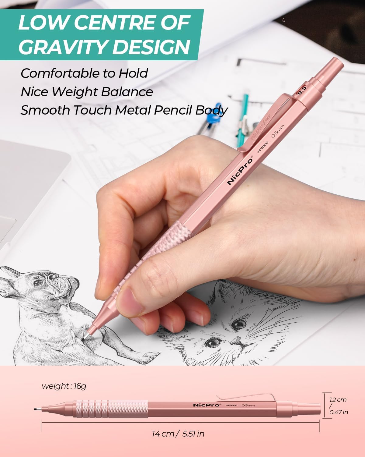 0.5 mm Metal Mechanical Pencil Set, 3PCS MP1000 Artist Lead Pencils With 480PCS HB 2B Lead Refills, Erasers, Pastel Aesthetic Mechanical Pencils for School Supplies Writing Drawing Sketching