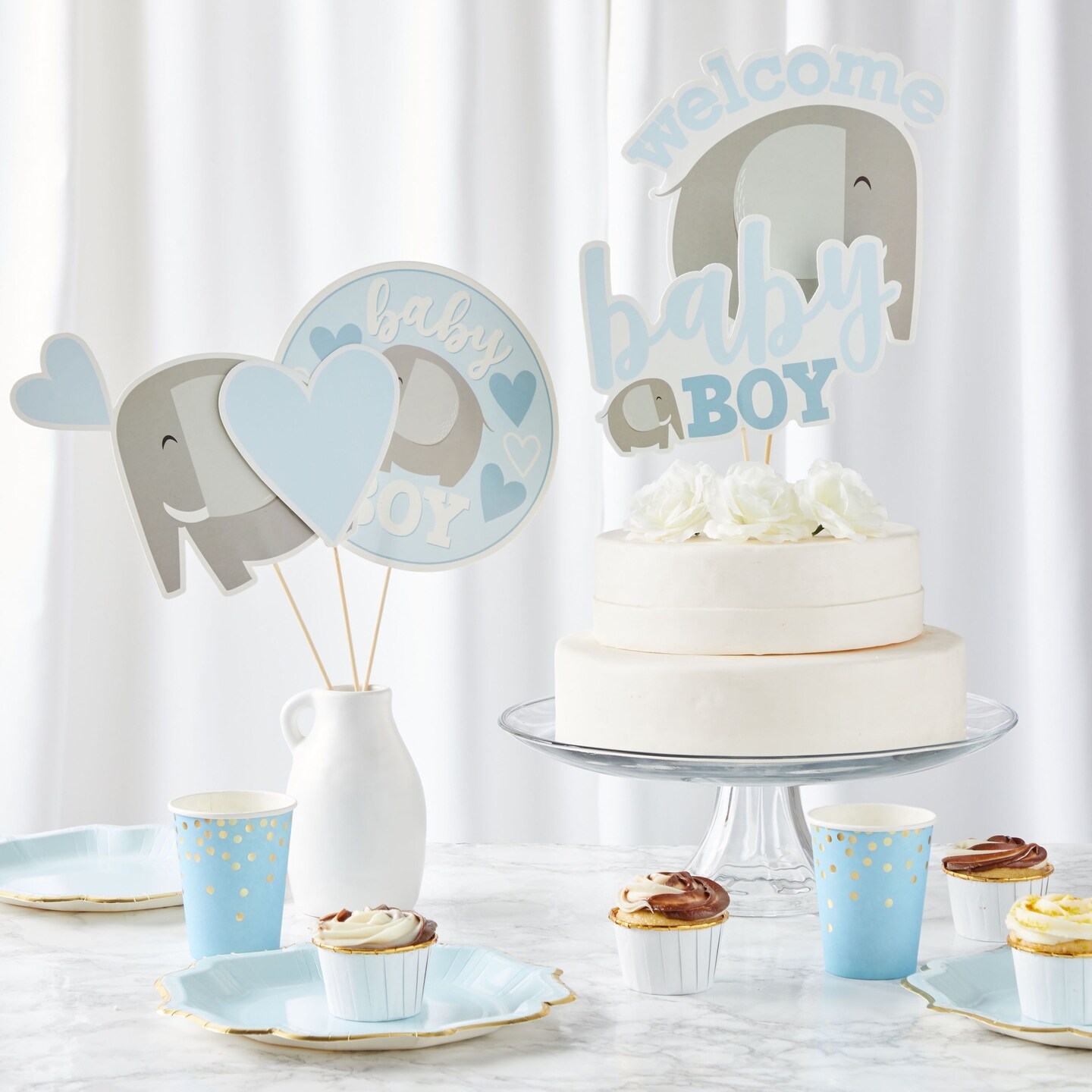 30 Pieces Elephant Baby Shower for Boys Party Decorations, Centerpiece Stick Table Toppers