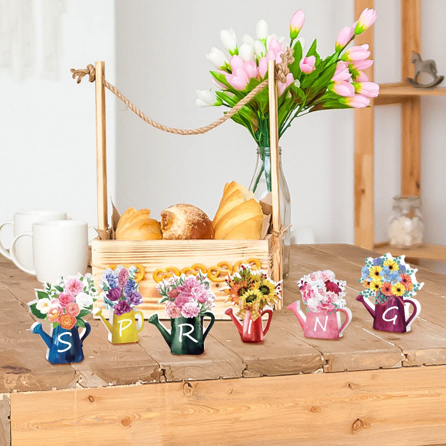6 Pieces Spring Wood Block Signs Wooden Tabletop Spring Decor Flowers Decor Tiered Tray Decorations Watering Can Table Centerpiece Wall Pediments for Home Farmhouse Tabletop