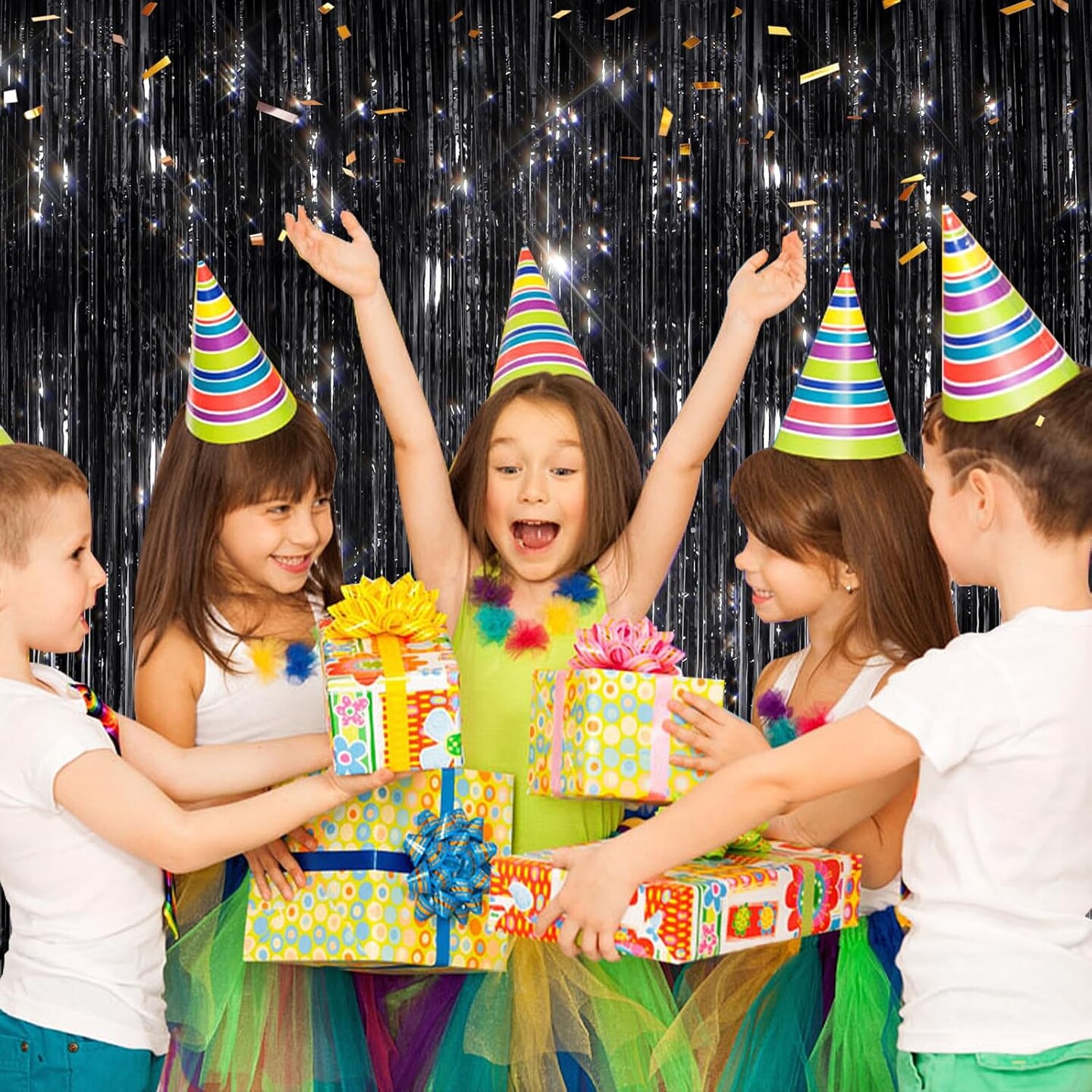 2 Pack Black Metallic Tinsel Foil Fringe Curtains, Door Streamers Photo Booth Backdrop for Birthday Party, Tinsel Curtain Backdrop for Baby Shower Bachelorette Christmas Party Decorations