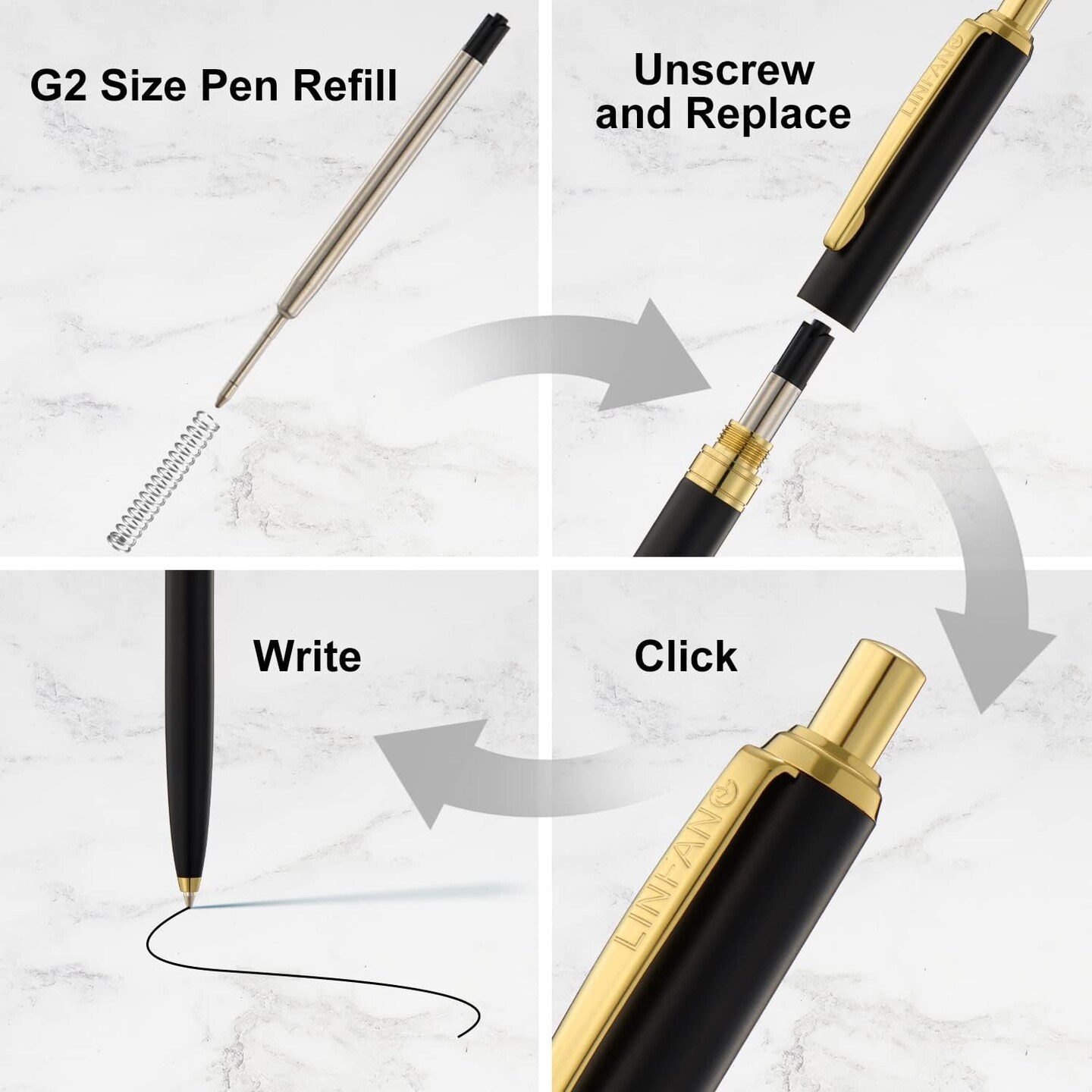 4 Pack Ballpoint Pens, Premium Retractable Metal Ballpoint Pen, Matte Black with Gold Trim, Medium Point 1.0mm Black Ink Pen for Home School Work Office Supplies, Extra 4 Refills