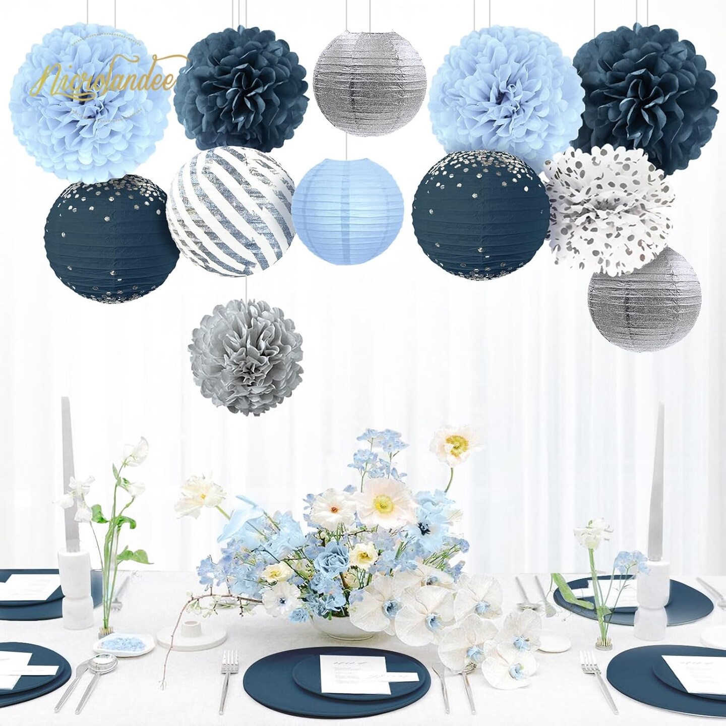 Dusty Blue Wedding Decorations, 12 PCS Blue Grey Tissue Pom Poms Paper Lanterns Decor for Birthday, Bridal Shower, Baby Shower, Bachelorette Party Hanging Decoration Supplies