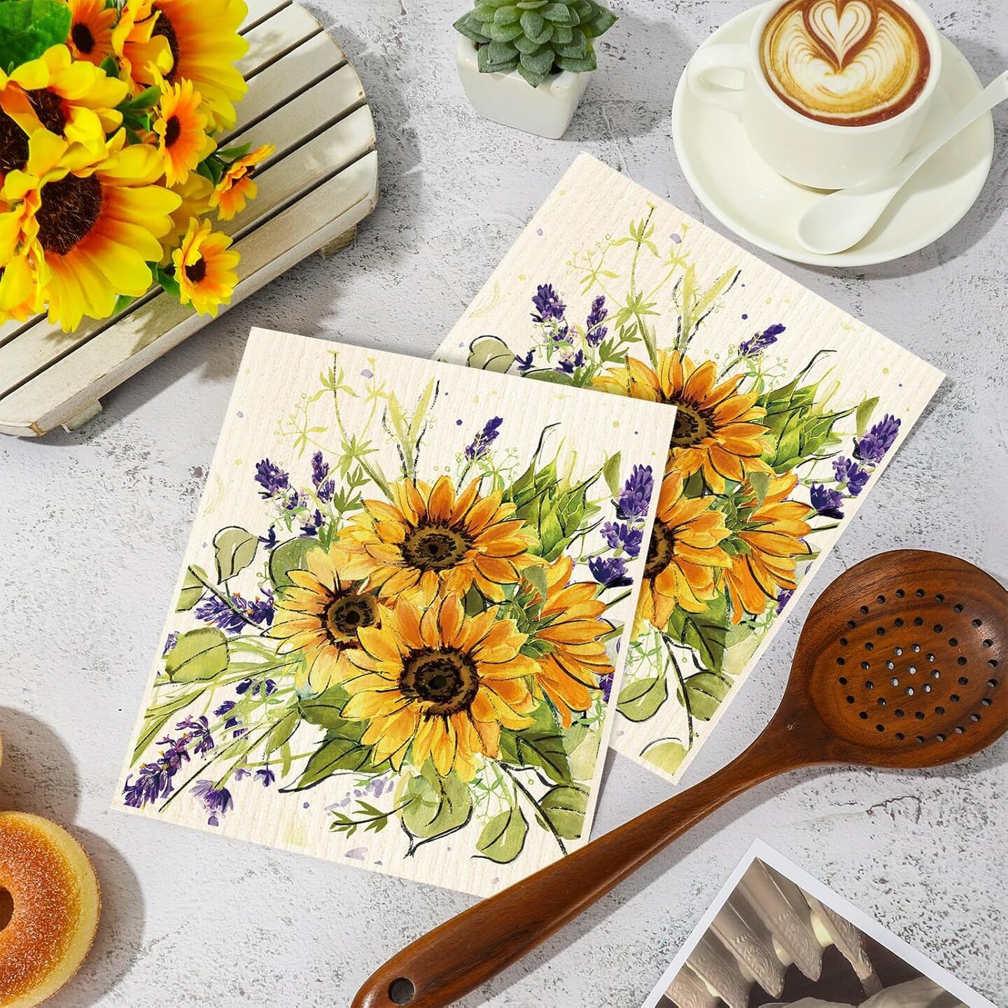 4Pcs Watercolor Sunflower Swedish Kitchen Dishcloth Summer Floral Cotton Kitchen Towel Reusable Absorbent Dish Towel for Home Kitchen Housewarming Cleaning, 7 x 8 Inch